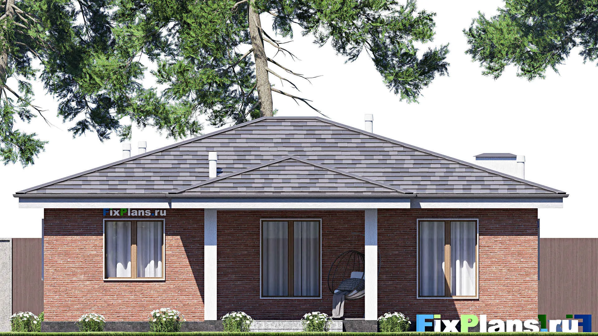 F-20348 - Проект одноэтажного дома 12 на 15, площадью 120 м² с террасой и 3 спальнями