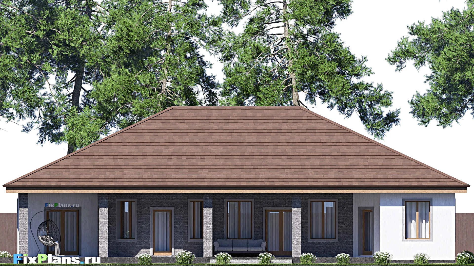 F-17225 - Проект одноэтажного дома 20 на 24, площадью 300 м² с террасой, гаражом на 2 машины и 4 спальнями