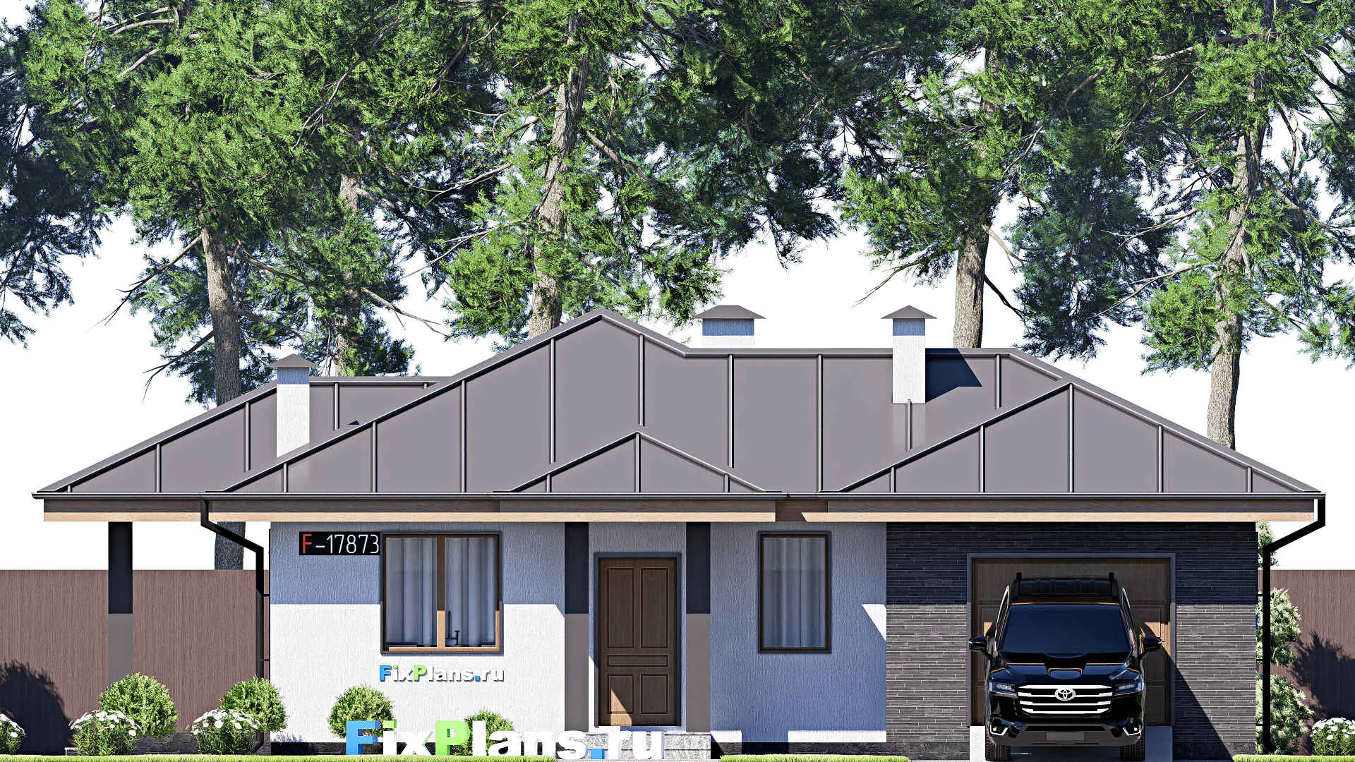 F-17873 - Проект одноэтажного дома 14 на 15, площадью 120 м² с террасой, гаражом на 1 машину и 2 спальнями