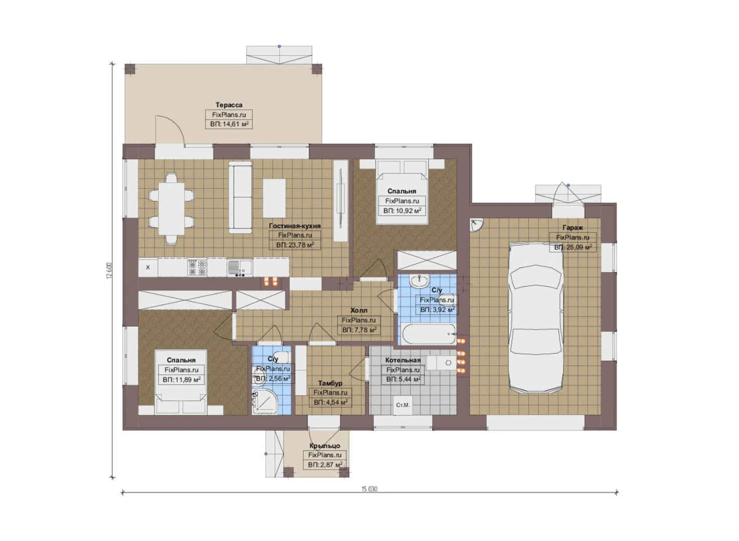 F-13634 - План одноэтажного дома 13 на 16, площадью 120 м² с террасой, гаражом на 1 машину и 2 спальнями