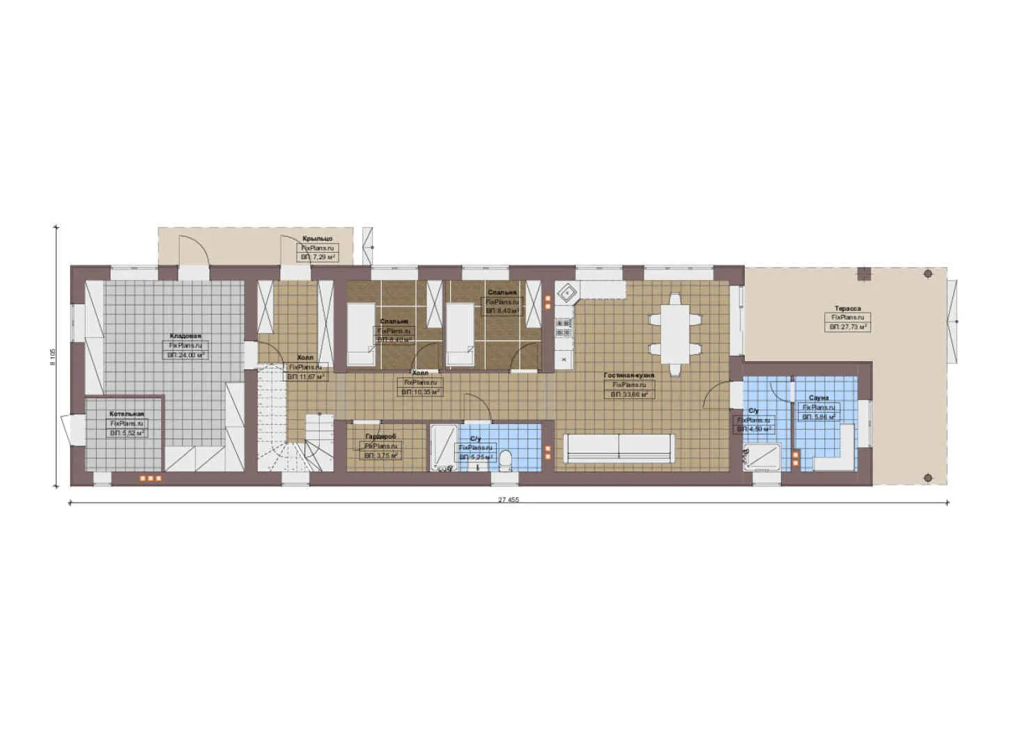 F-10817 - Планы дома с мансардой 9 на 28, площадью 290 м² с террасой, баней и 4 спальнями