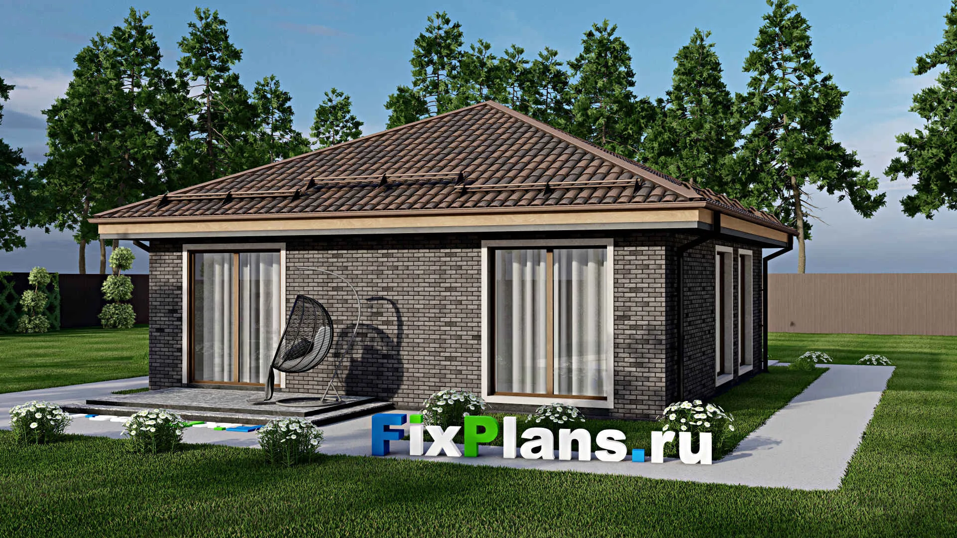 F-9890 - Проект одноэтажного дома 10 на 14, площадью 90 м² с террасой и 3 спальнями