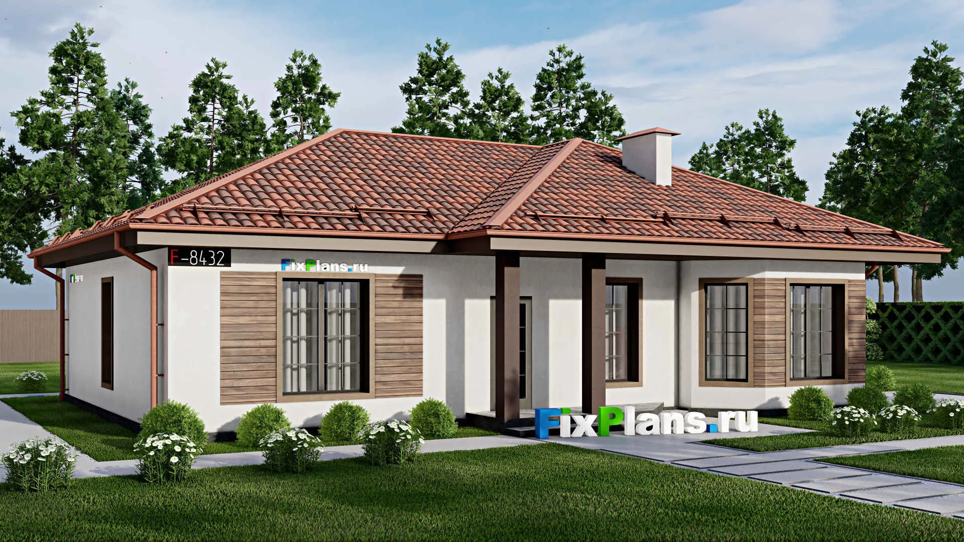 F-8432 - Проект одноэтажного дома 12 на 15, площадью 140 м² с террасой и 3 спальнями