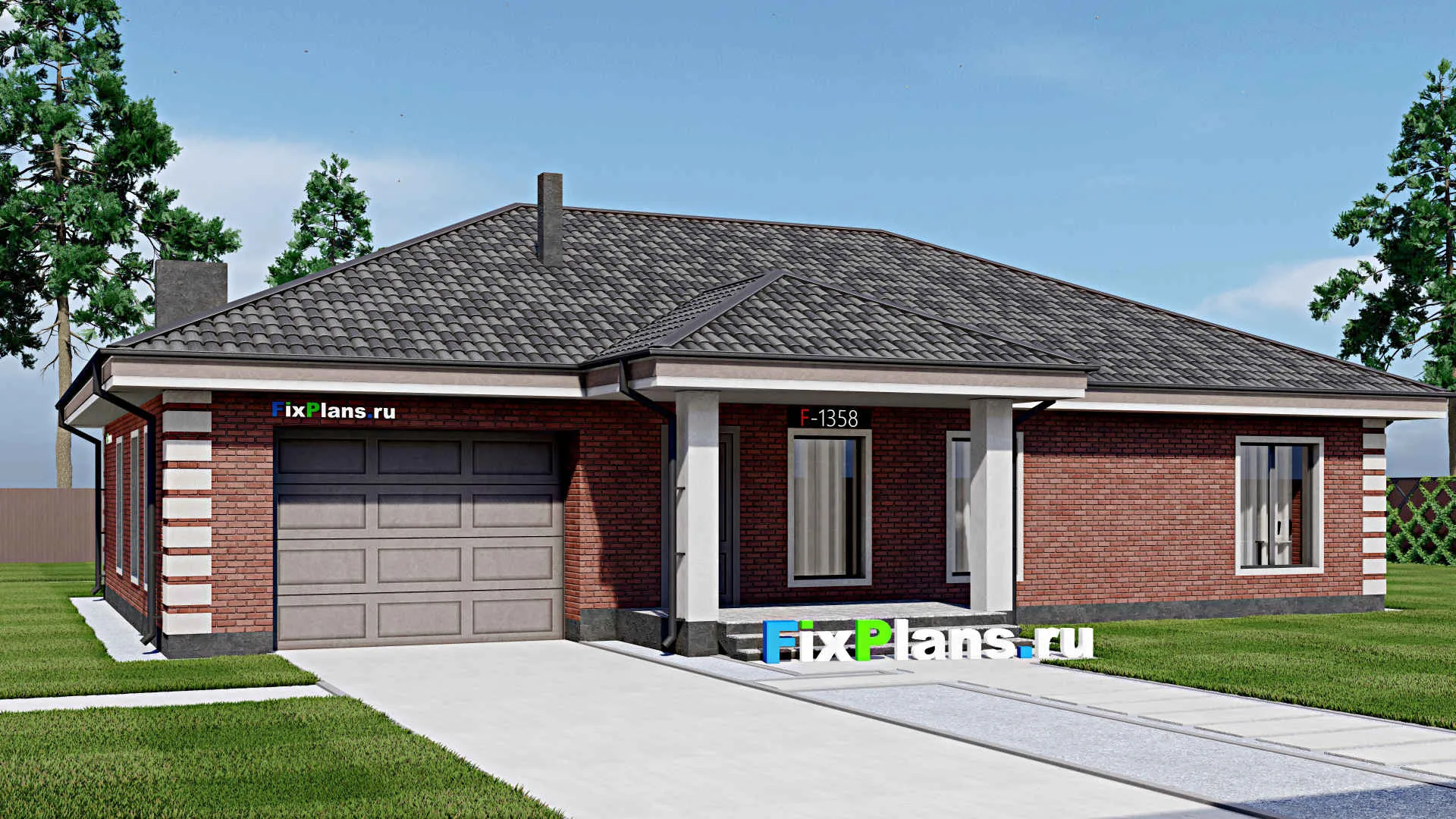 F-1358 - Проект одноэтажного дома 13 на 20, площадью 240 м² с террасой, гаражом на 1 машину и 2 спальнями