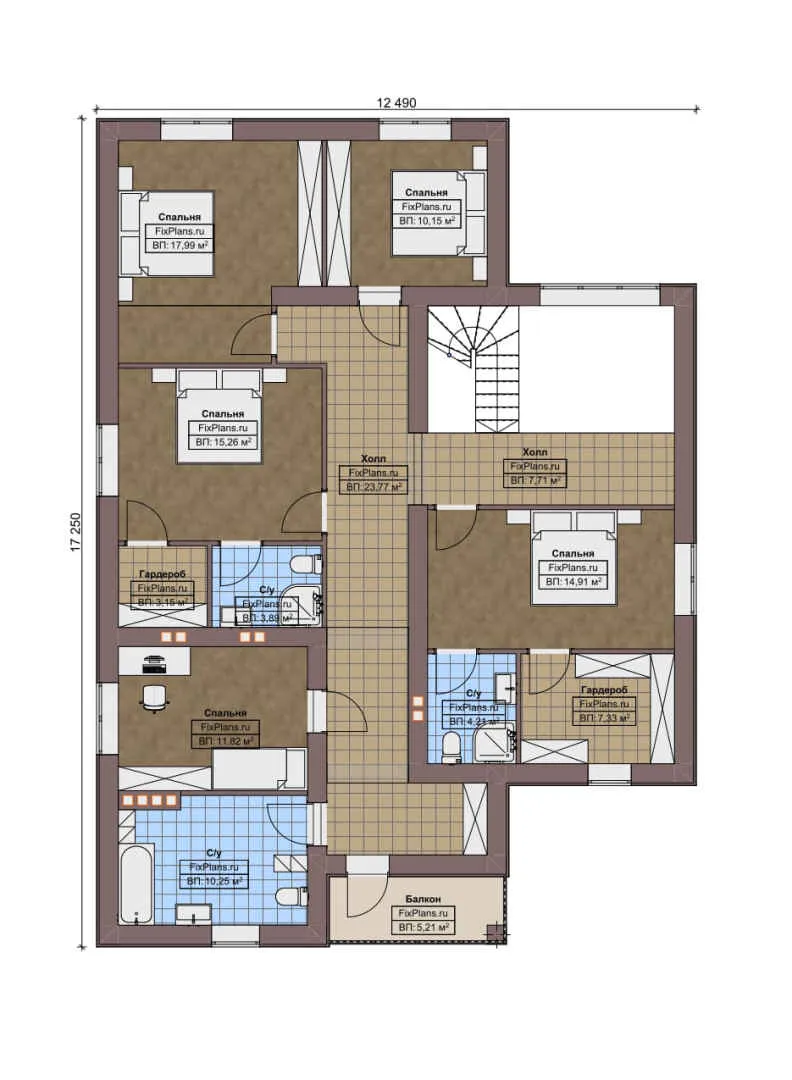 F-8918 - Планы двухэтажного дома 13 на 18, площадью 300 м² с террасой, балконом и 9 спальнями