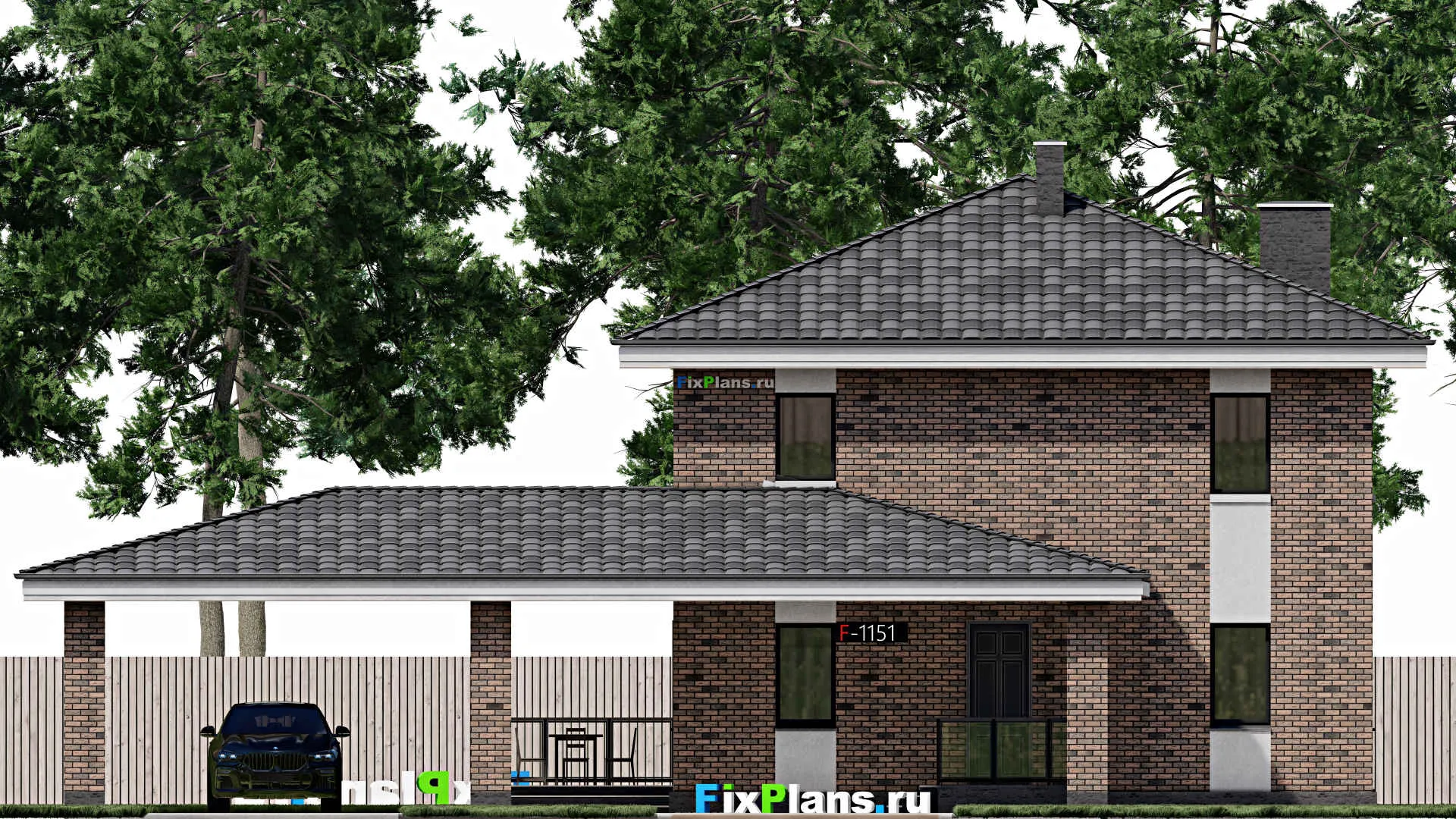 F-1151 - Планы двухэтажного дома 11 на 13, площадью 300 м² с террасой, гаражом на 1 машину и 4 спальнями