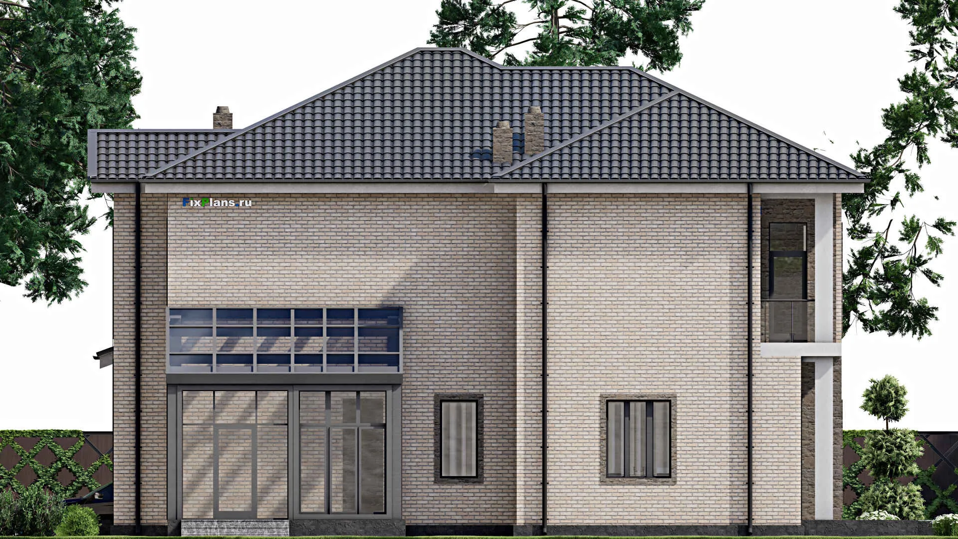 F-5507 - Планы двухэтажного дома 17 на 25, площадью 500 м² с террасой, балконом, гаражом на 2 машины и 4 спальнями