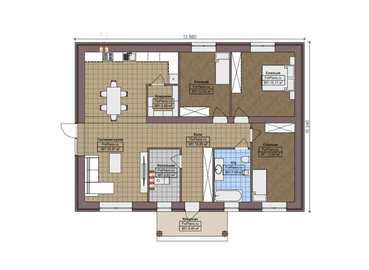 F-3581 - План одноэтажного дома 11 на 14, площадью 120 м² с 3 спальнями