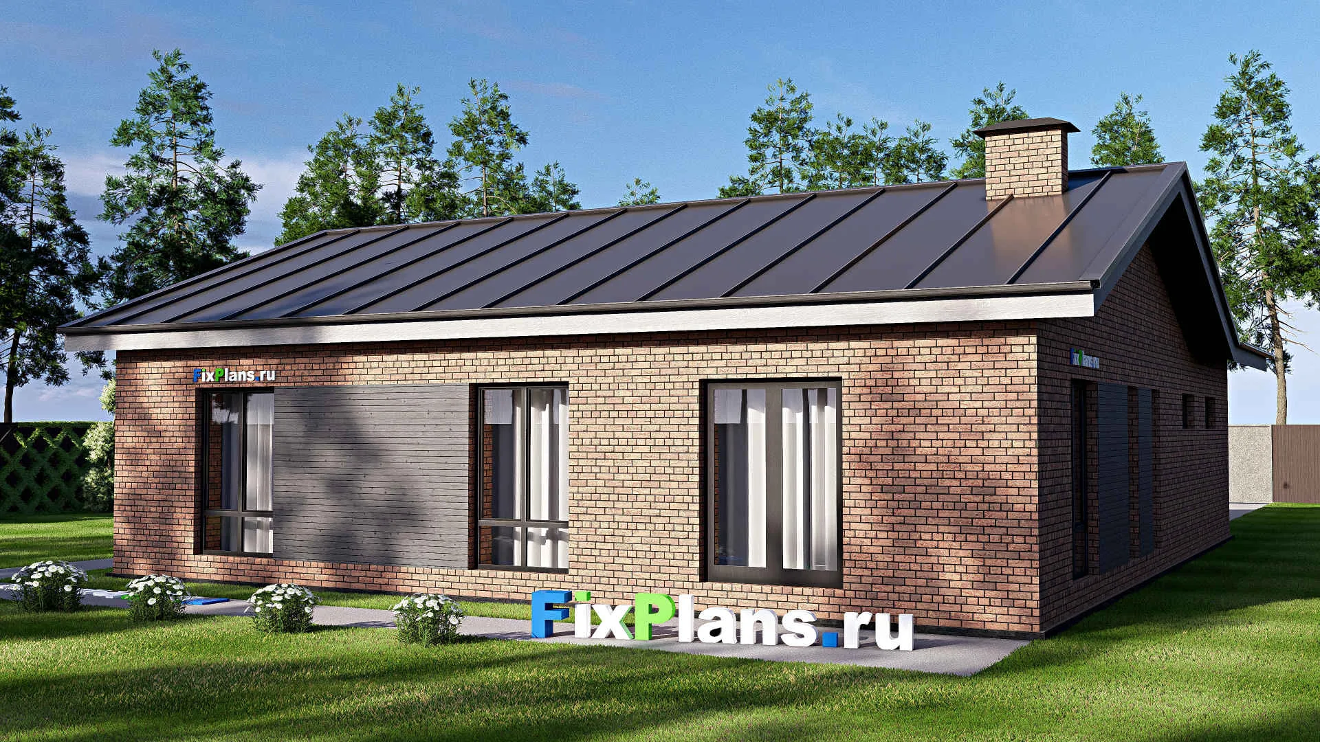 F-18242 - План одноэтажного дома 14 на 16, площадью 150 м² с гаражом на 2 машины и 2 спальнями