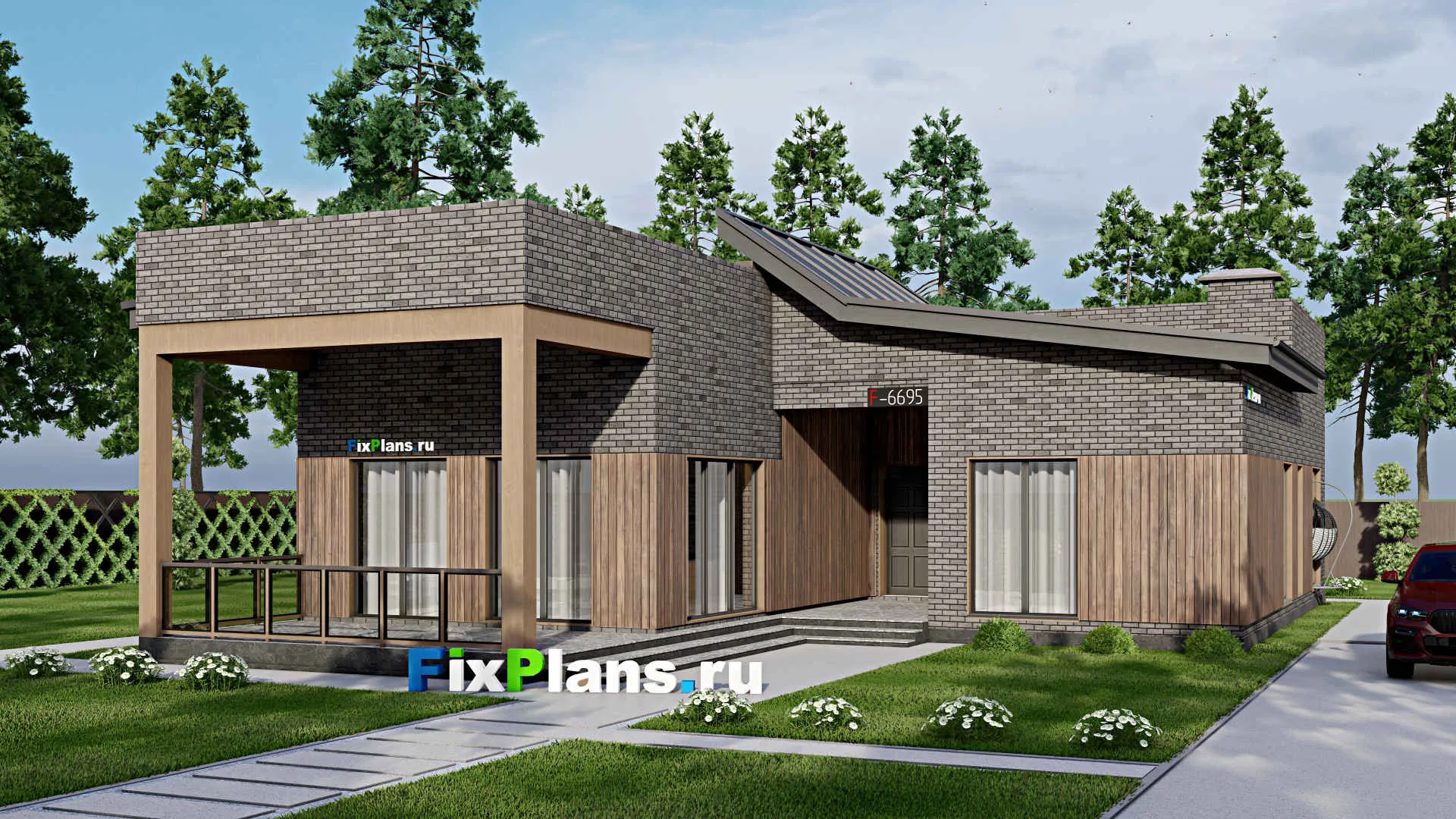 F-6695 - Проект одноэтажного дома 14 на 21, площадью 180 м² с террасой и 5 спальнями