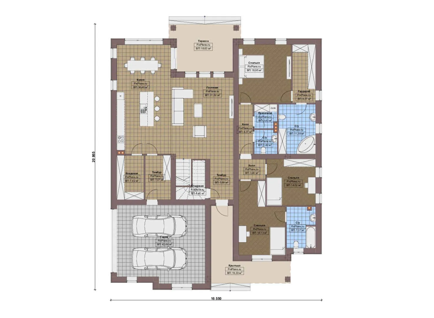 F-16253 - План одноэтажного дома 17 на 21, площадью 500 м² с террасой, гаражом на 2 машины и 3 спальнями