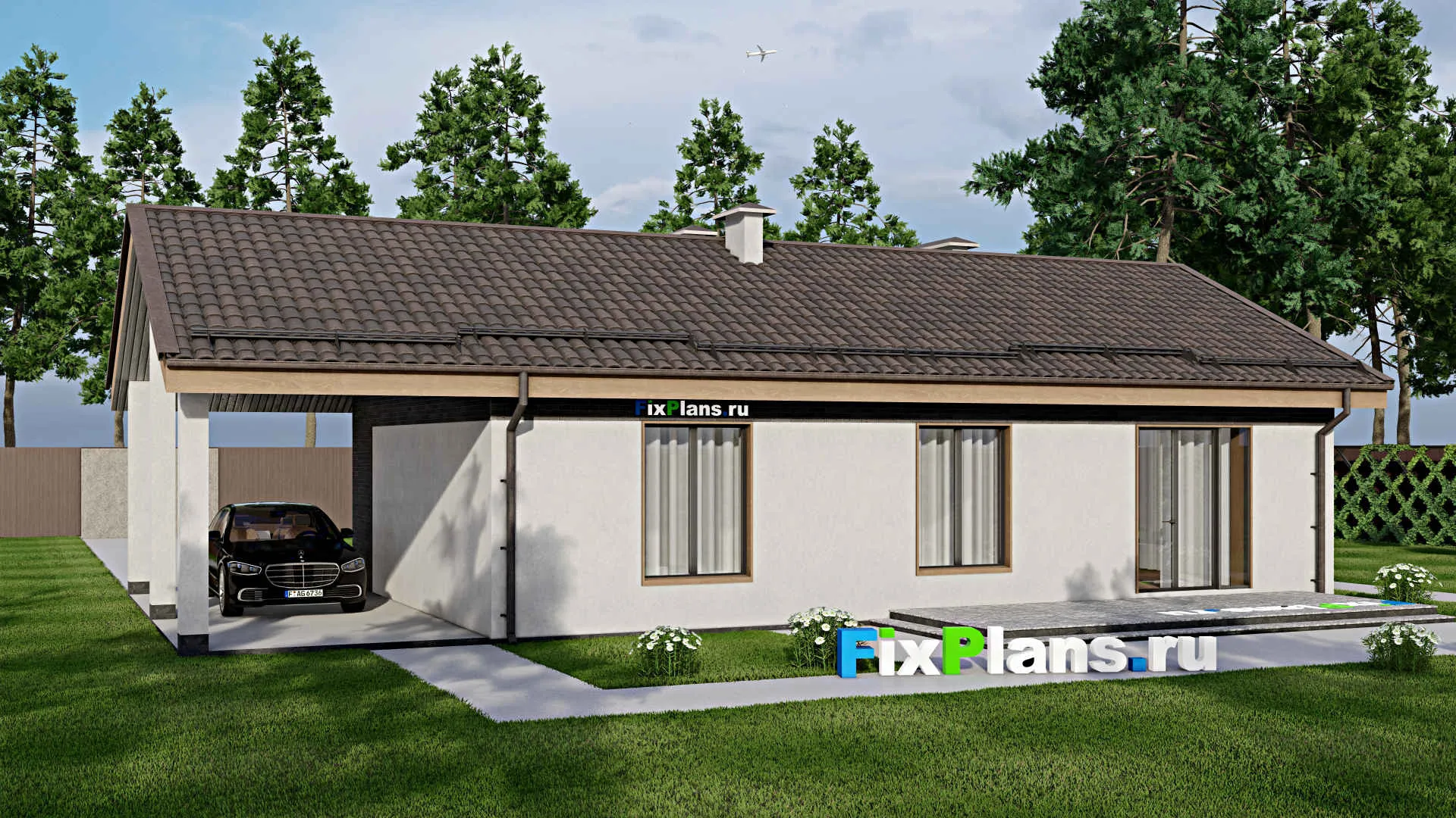 F-6686 - План одноэтажного дома 9 на 14, площадью 140 м² с террасой и 2 спальнями