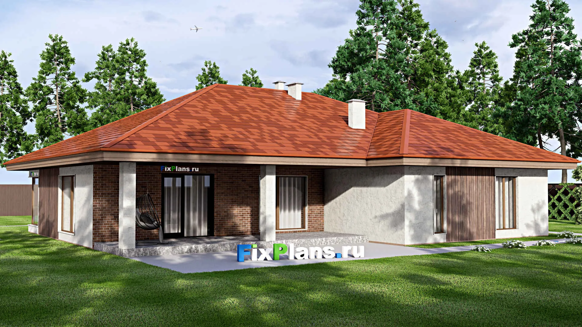 F-14228 - План одноэтажного дома 16 на 19, площадью 220 м² с террасой, баней и 3 спальнями