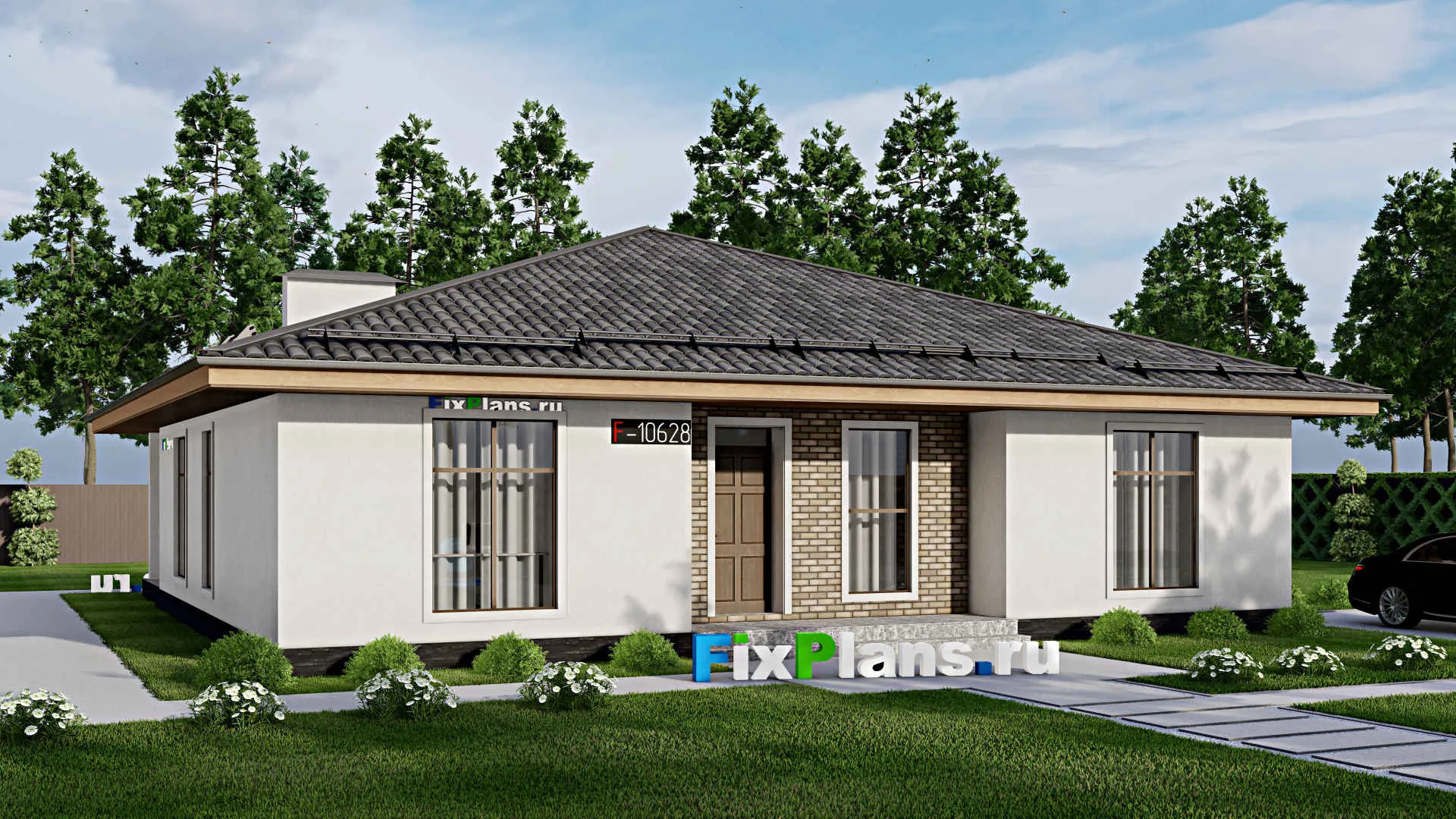 F-10628 - Проект одноэтажного дома 14 на 15, площадью 170 м² с террасой и 2 спальнями