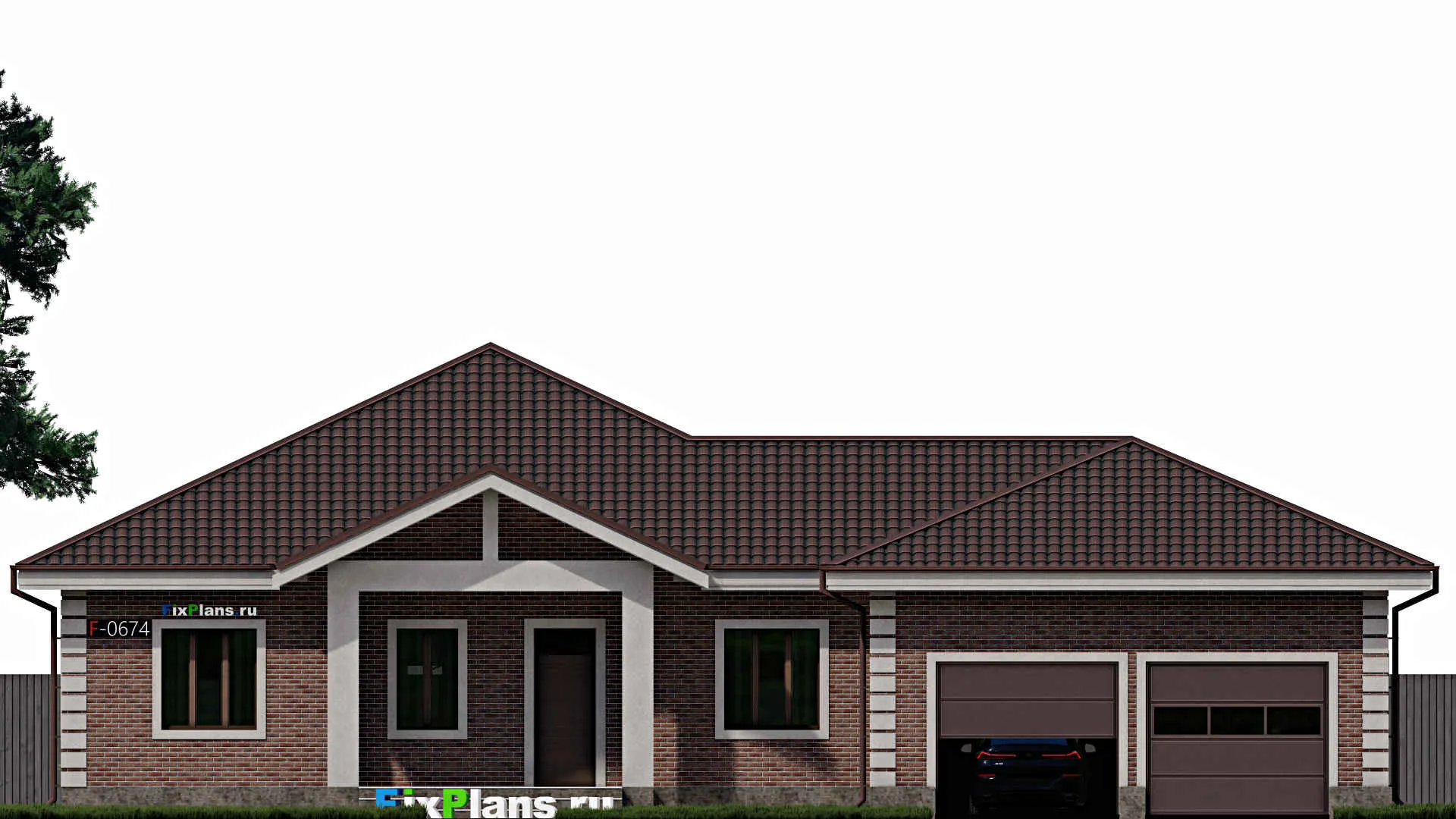 F-0674 - Проект одноэтажного дома 20 на 22, площадью 270 м² с террасой, гаражом на 2 машины и 4 спальнями