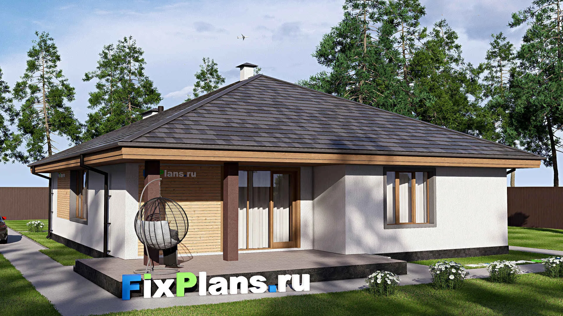 F-17639 - Проект одноэтажного дома 14 на 17, площадью 170 м² с террасой и 3 спальнями