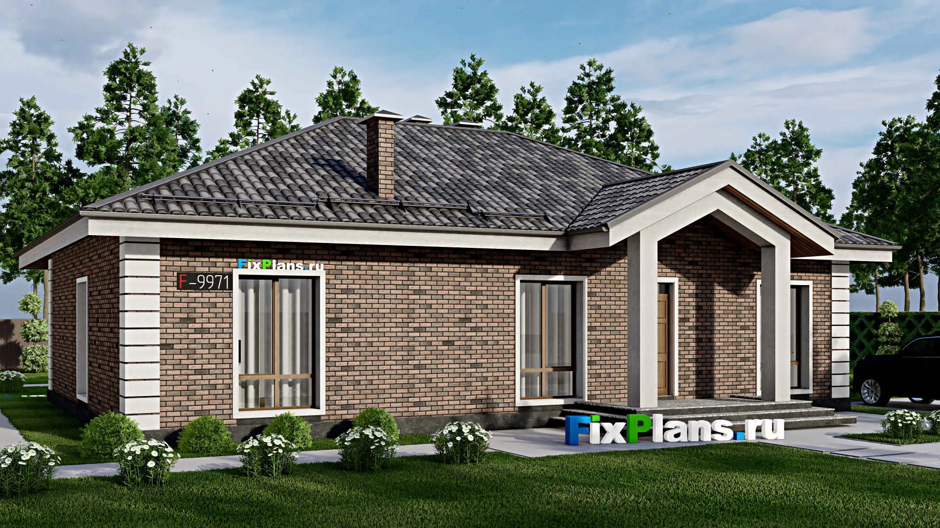 F-9971 - Проект одноэтажного дома 16 на 18, площадью 200 м² с террасой и 4 спальнями