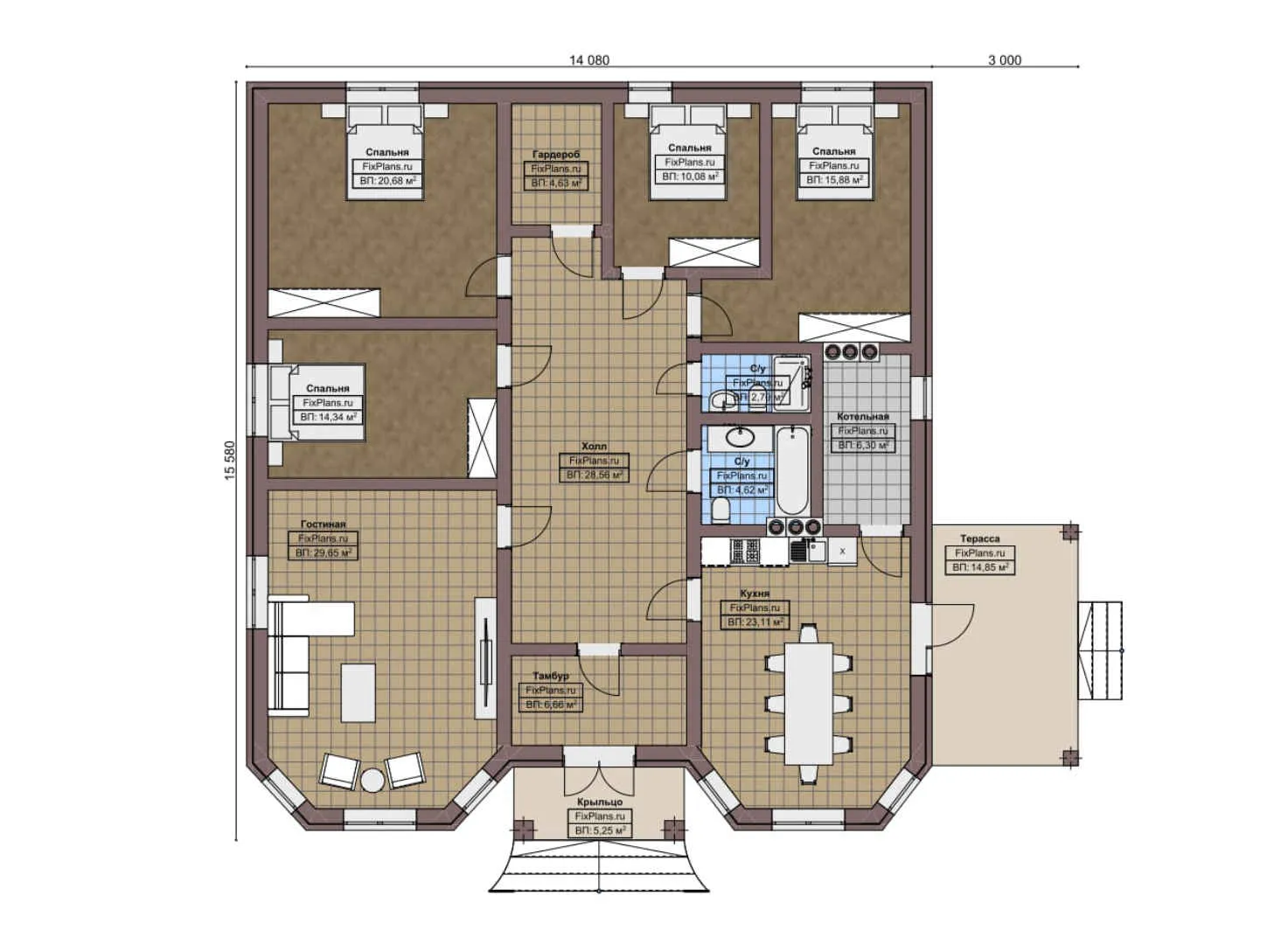 F-7316 - План одноэтажного дома 15 на 16, площадью 190 м² с террасой и 4 спальнями