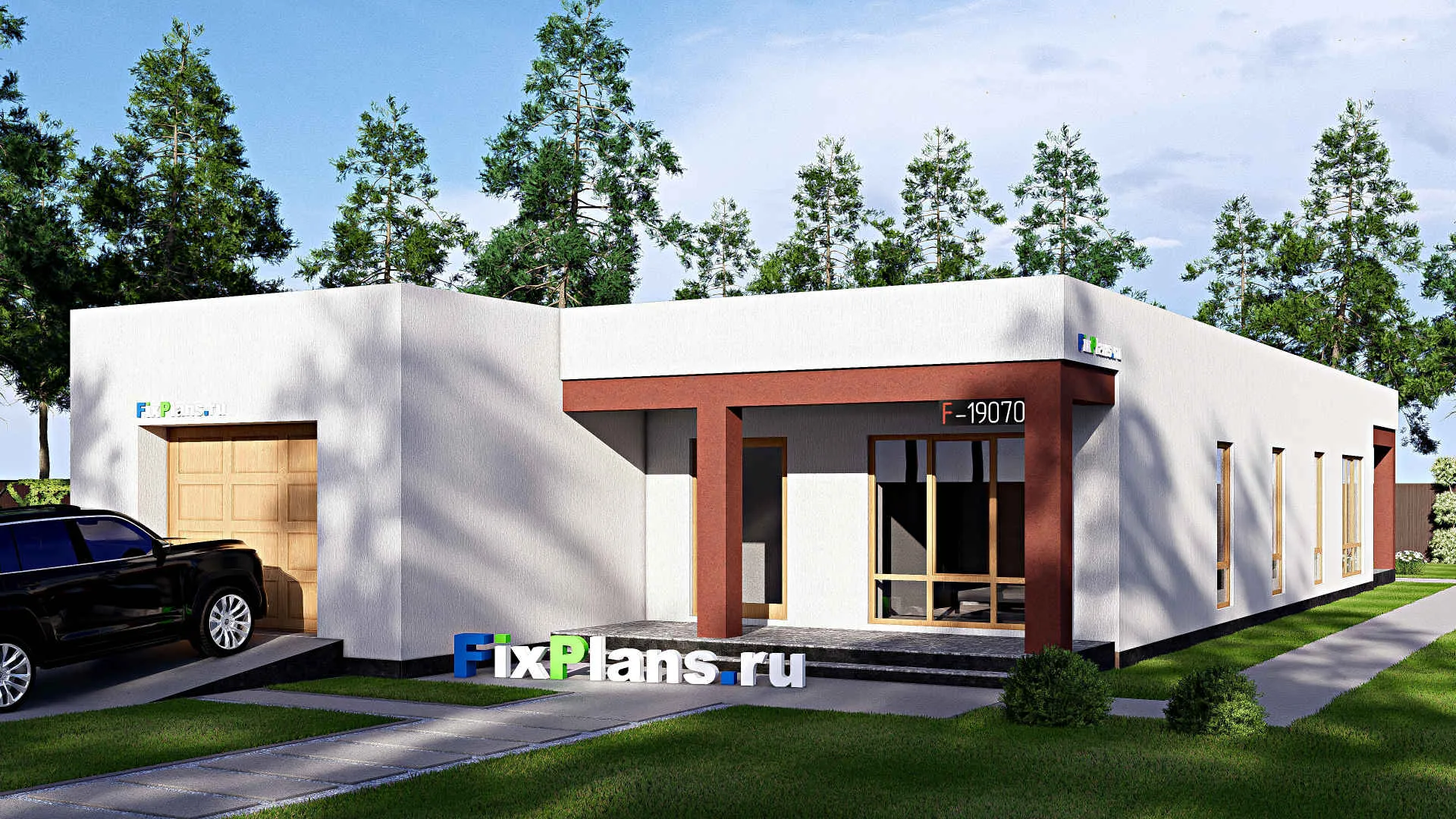 F-19070 - Проект одноэтажного дома 13 на 27, площадью 260 м² с террасой, гаражом на 1 машину и 4 спальнями