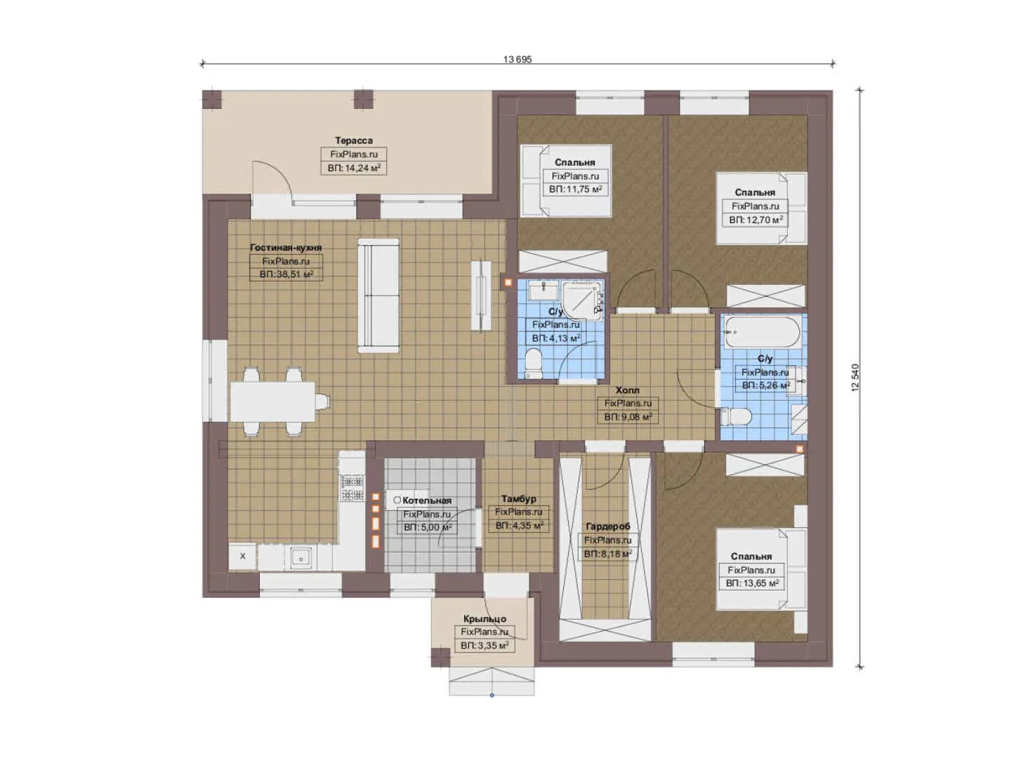 F-13985 - План одноэтажного дома 13 на 14, площадью 130 м² с террасой и 3 спальнями