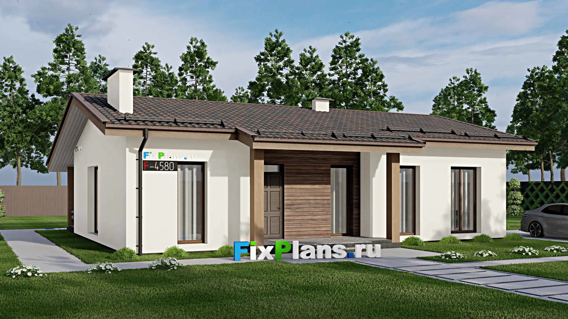 F-4580 - Проект одноэтажного дома 10 на 14, площадью 140 м² с террасой и 3 спальнями