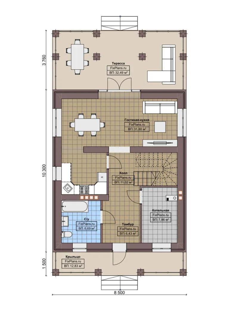 F-5993 - Планы двухэтажного дома 9 на 11, площадью 200 м² с террасой, балконом и 3 спальнями