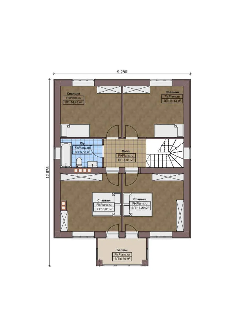 F-8900 - Планы двухэтажного дома 10 на 16, площадью 190 м² с террасой, балконом и 4 спальнями