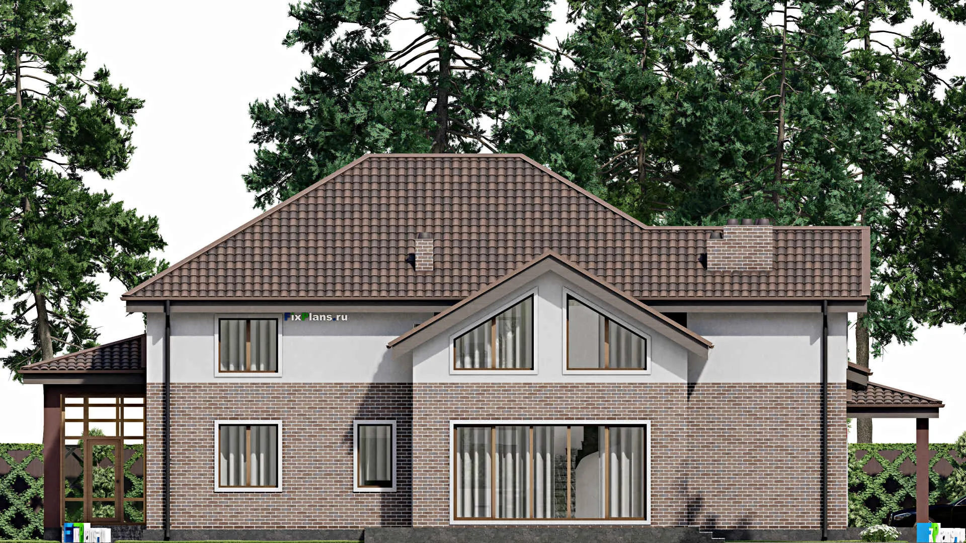 F-8792 - Проект дома с мансардой 17 на 22, площадью 310 м² с террасой, гаражом на 1 машину и 6 спальнями