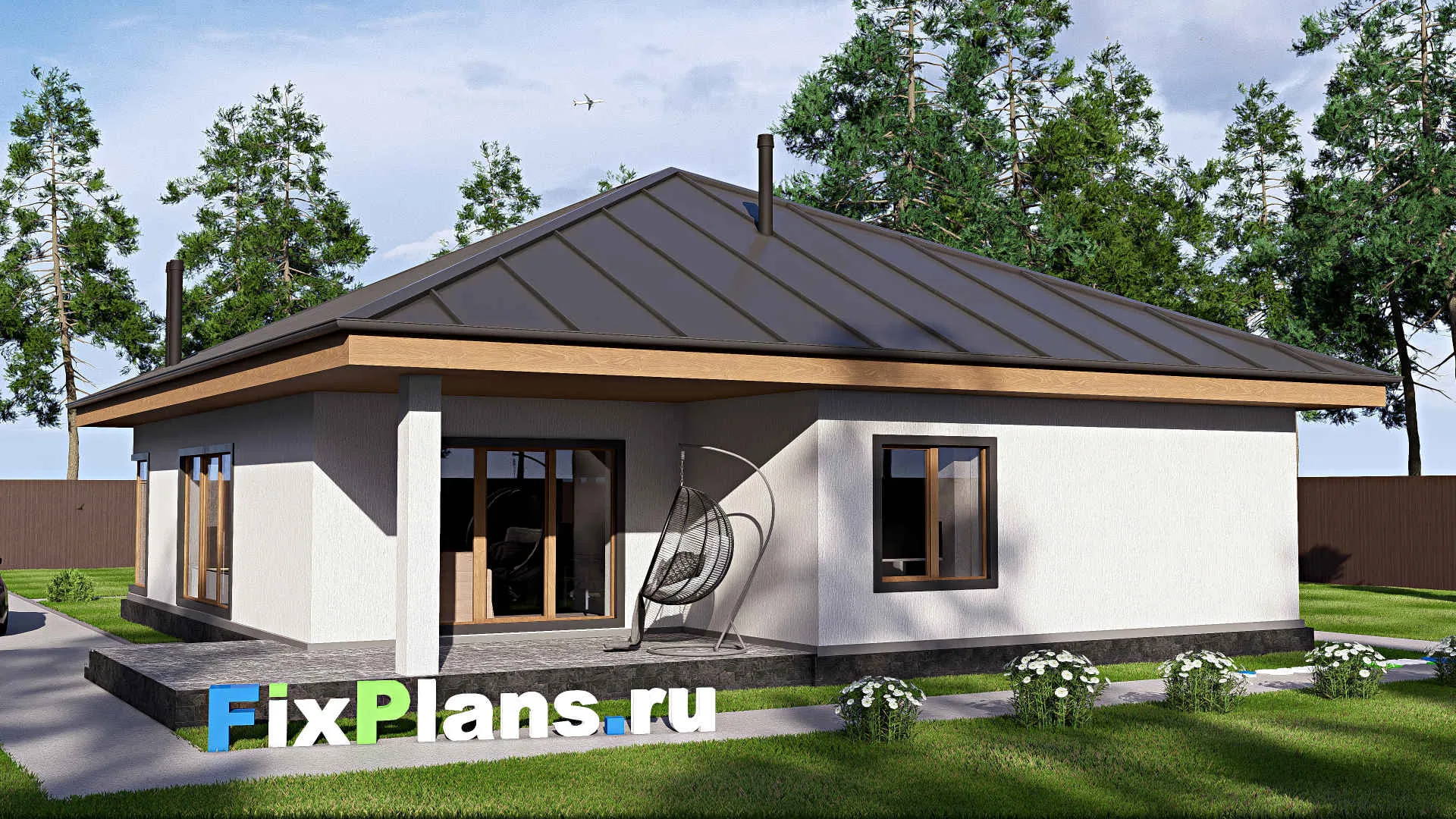 F-19484 - Проект одноэтажного дома 14 на 15, площадью 140 м² с террасой и 3 спальнями