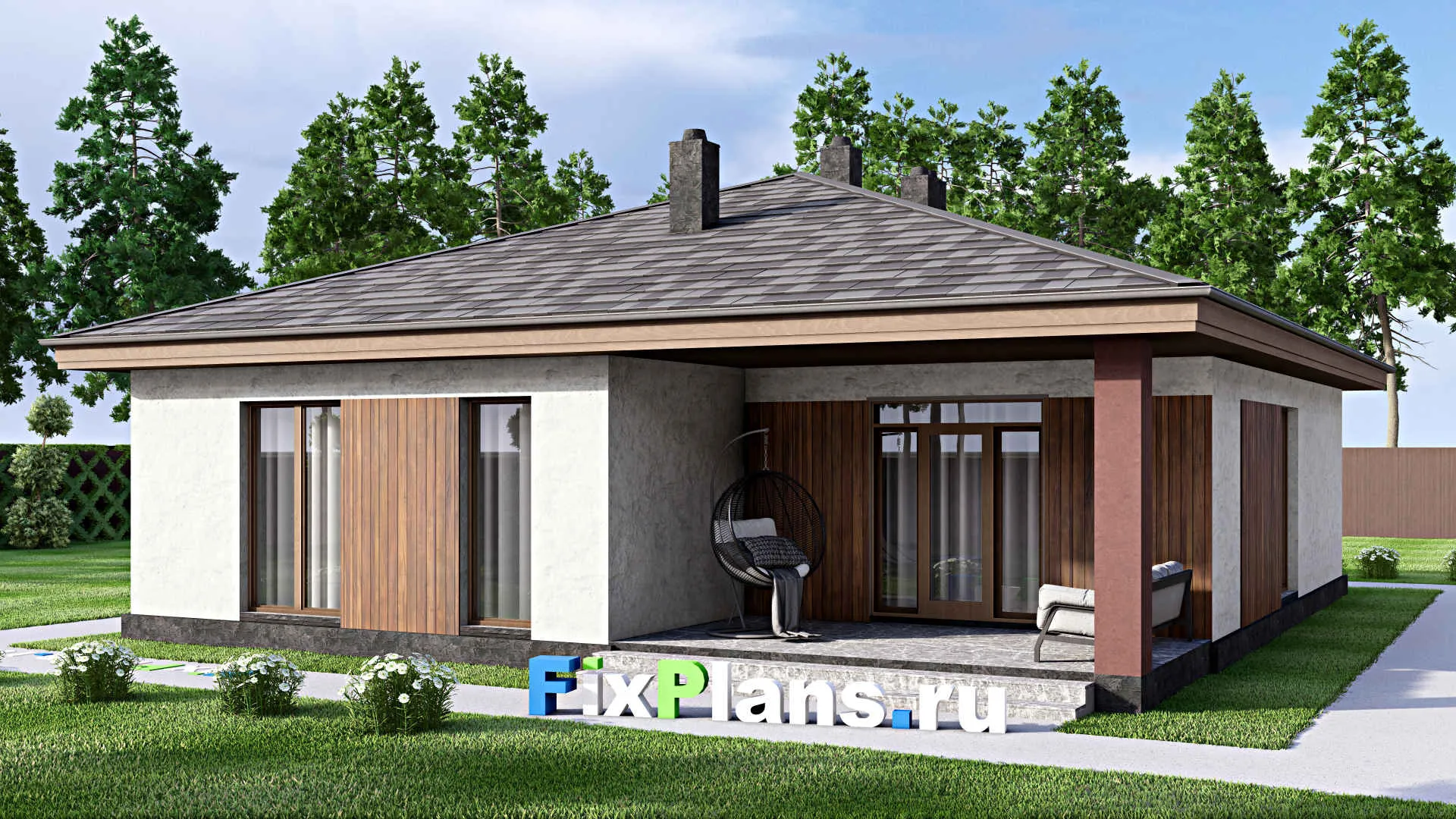 F-14498 - Проект одноэтажного дома 12 на 14, площадью 130 м² с террасой и 3 спальнями