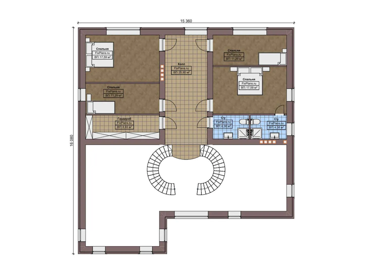 F-8891 - Планы дома с мансардой 16 на 17, площадью 300 м² с 5 спальнями