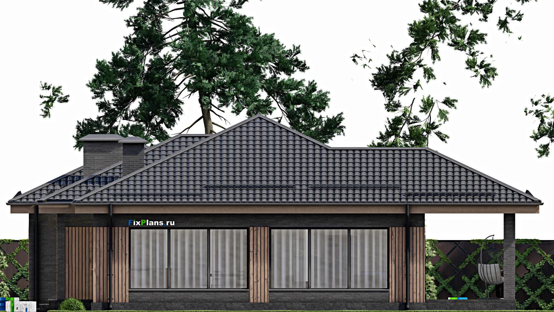 F-3707 - Проект одноэтажного дома 14 на 19, площадью 170 м² с террасой, гаражом на 2 машины и 2 спальнями