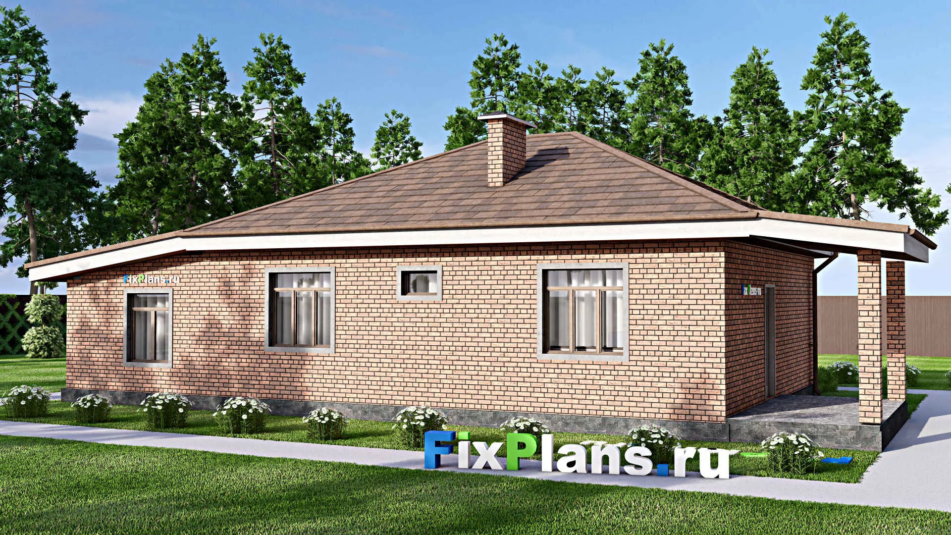 F-12626 - План одноэтажного дома 10 на 17, площадью 120 м² с террасой, гаражом на 1 машину и 2 спальнями