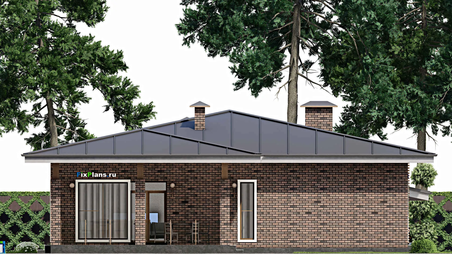 F-12329 - План одноэтажного дома 14 на 26, площадью 250 м² с террасой и 3 спальнями