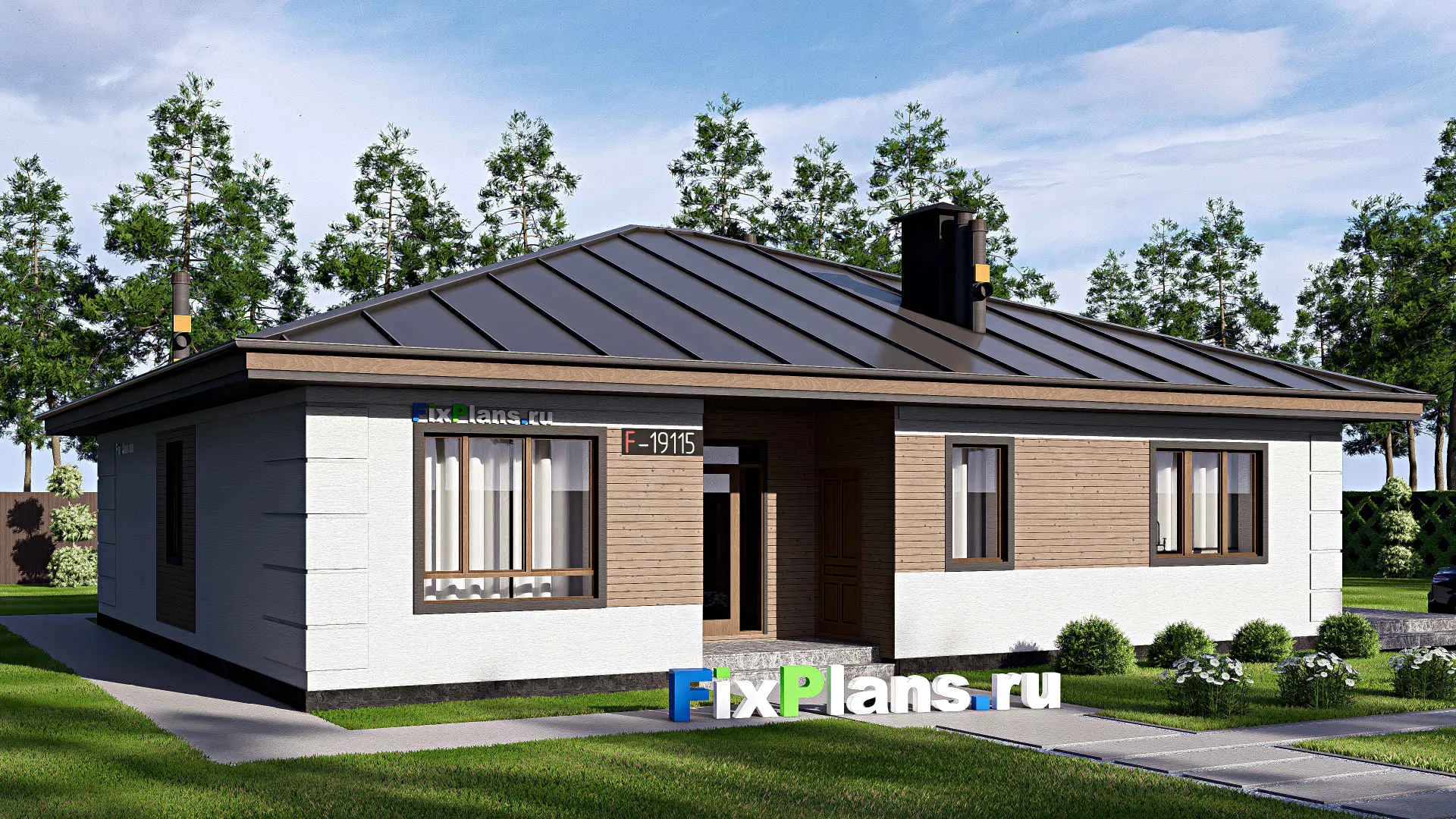 F-19115 - Проект одноэтажного дома 14 на 19, площадью 190 м² с террасой и 4 спальнями