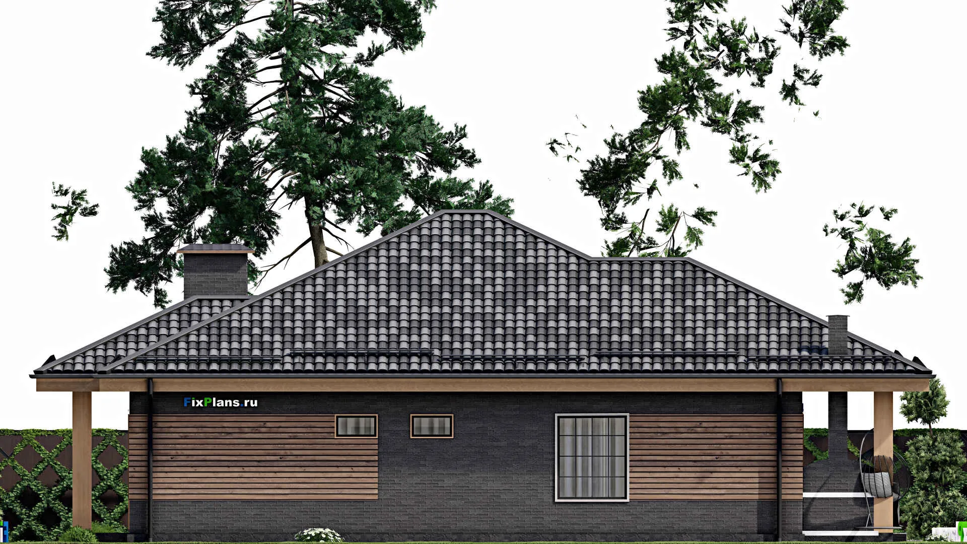 F-7829 - Проект одноэтажного дома 14 на 15, площадью 170 м² с террасой и 4 спальнями