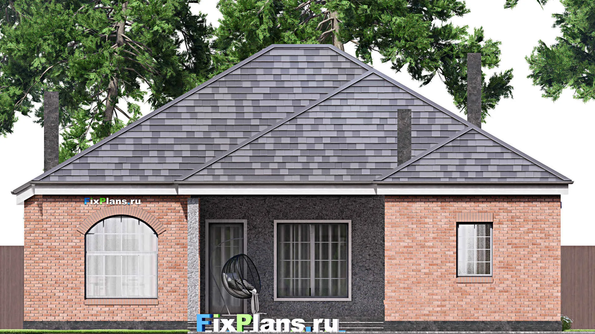 F-16811 - План одноэтажного дома 15 на 24, площадью 220 м² с террасой, гаражом на 2 машины и 3 спальнями