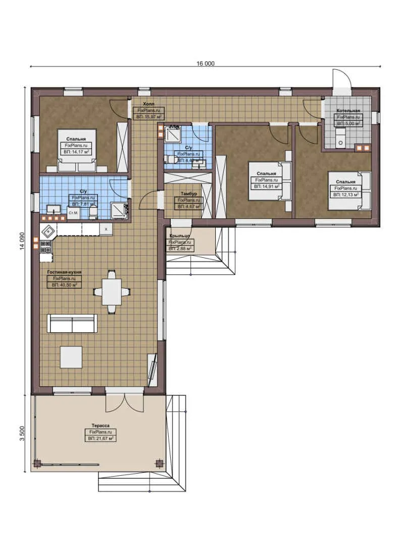 F-4463 - План одноэтажного дома 15 на 16, площадью 150 м² с террасой и 3 спальнями