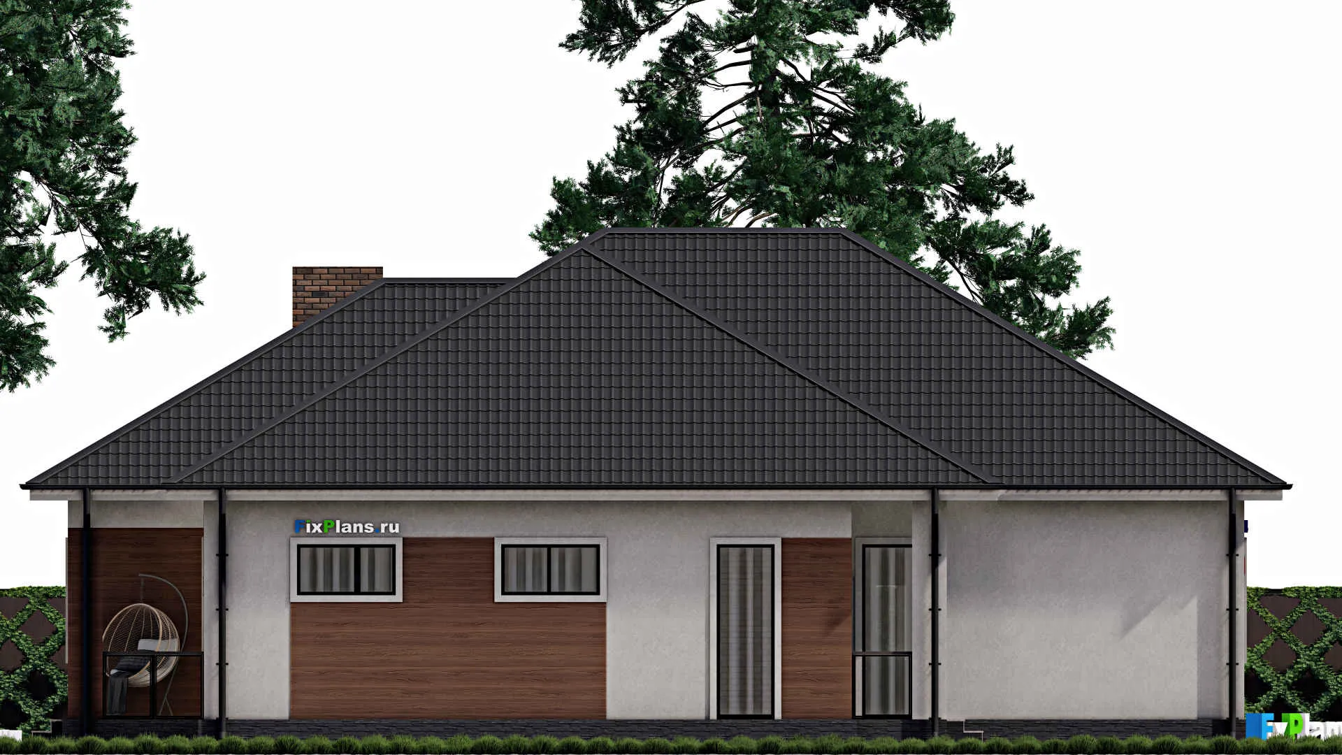 F-0215i - Проект одноэтажного дома 18 на 20, площадью 230 м² с террасой, гаражом на 2 машины и 3 спальнями