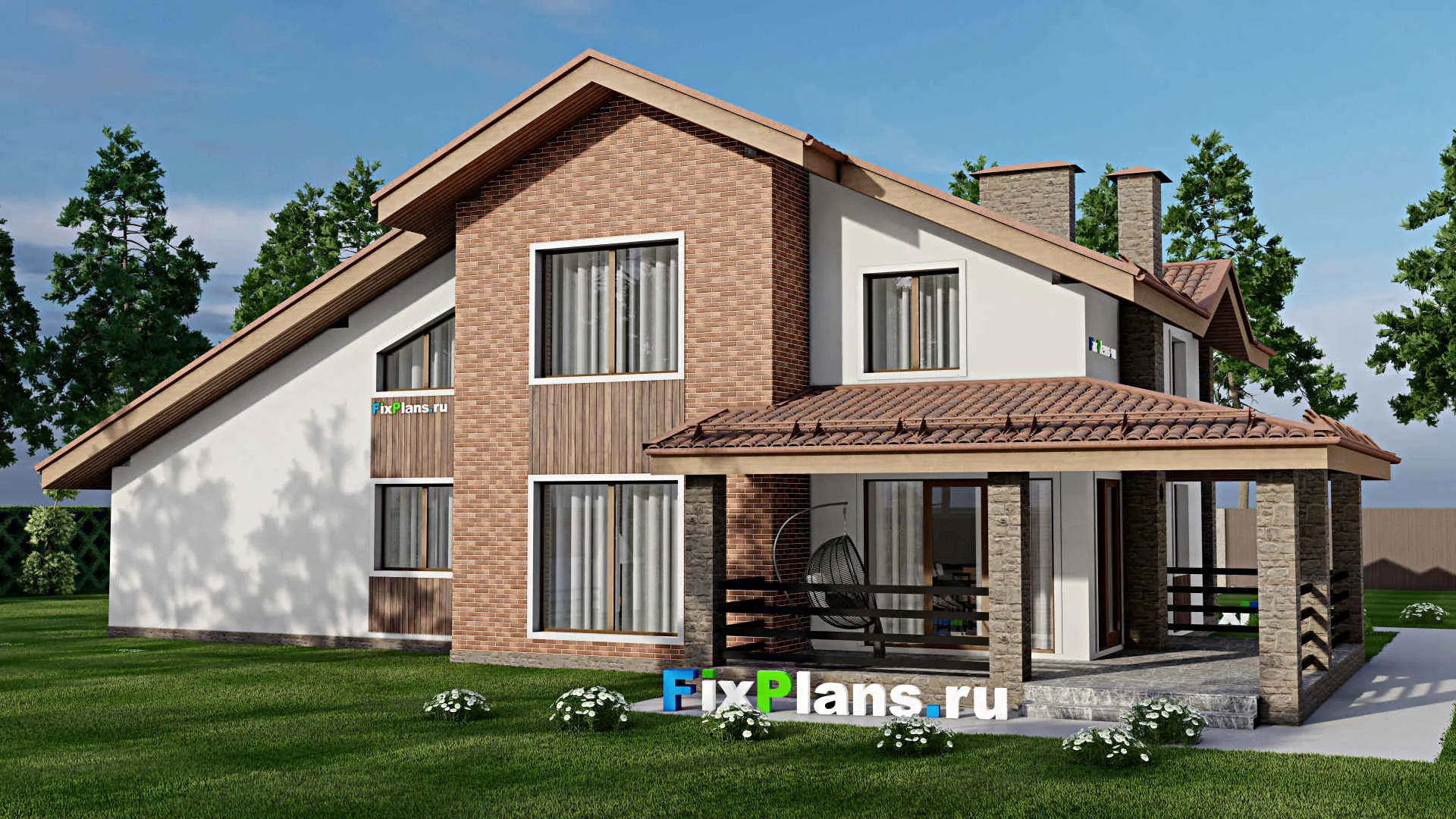 F-10520 - Планы дома с мансардой 14 на 22, площадью 270 м² с террасой, балконом, гаражом на 2 машины и 4 спальнями