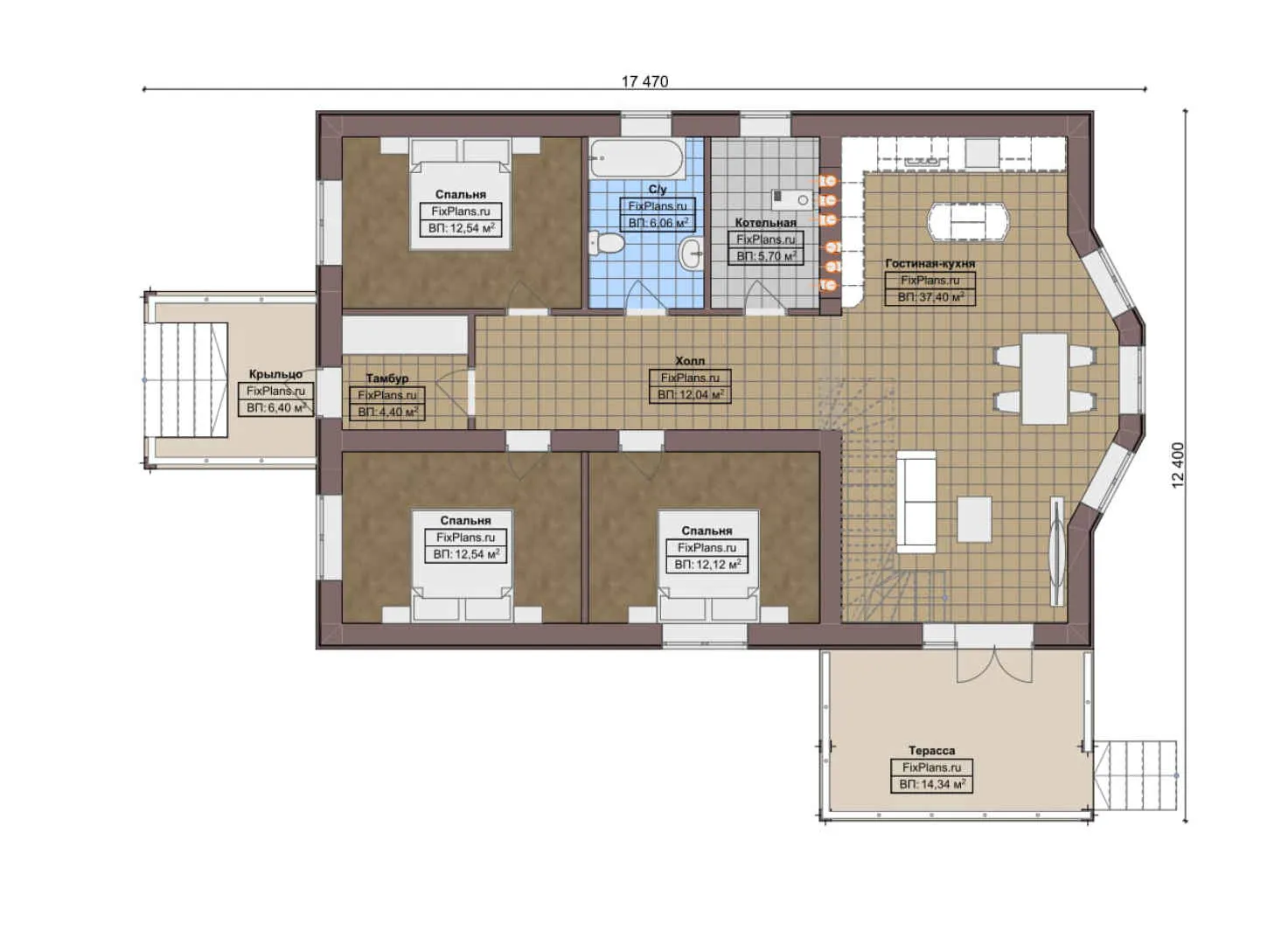F-5255 - План одноэтажного дома 13 на 18, площадью 230 м² с террасой и 4 спальнями