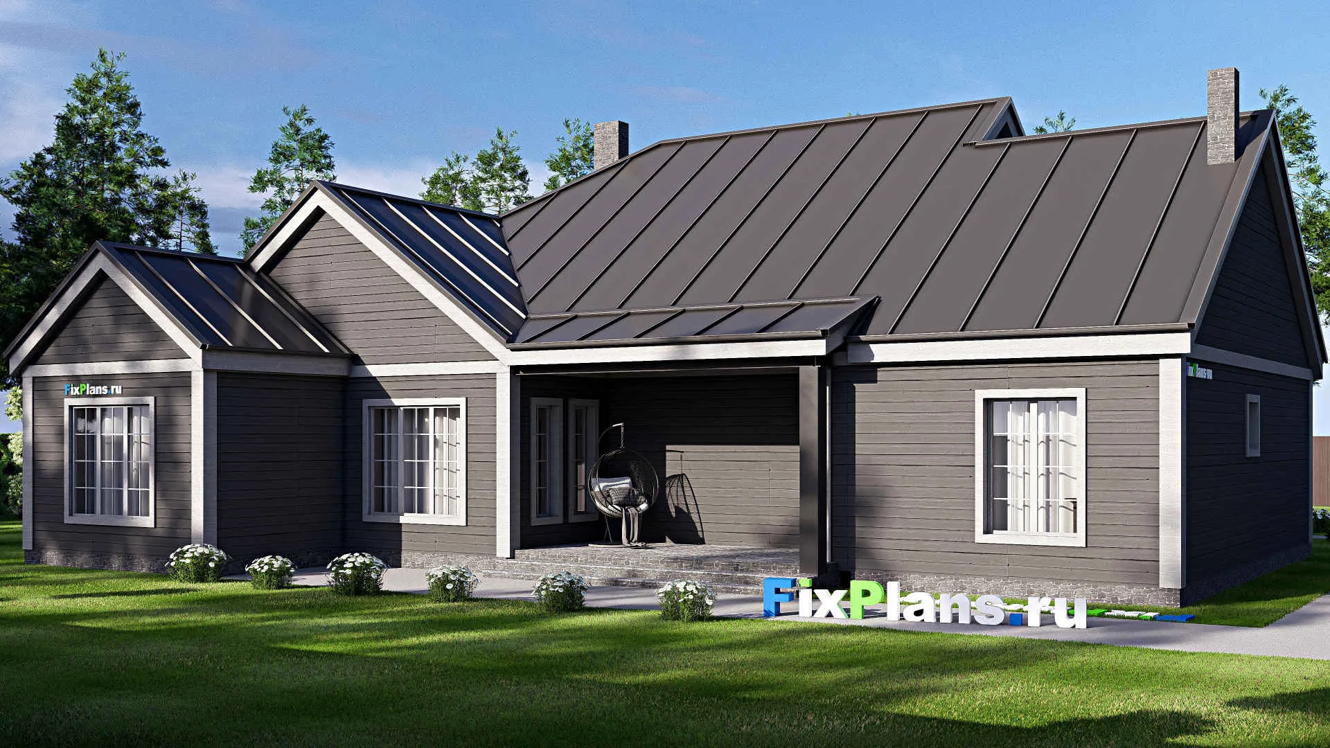 F-17081 - План одноэтажного дома 20 на 21, площадью 260 м² с террасой, гаражом на 2 машины и 4 спальнями