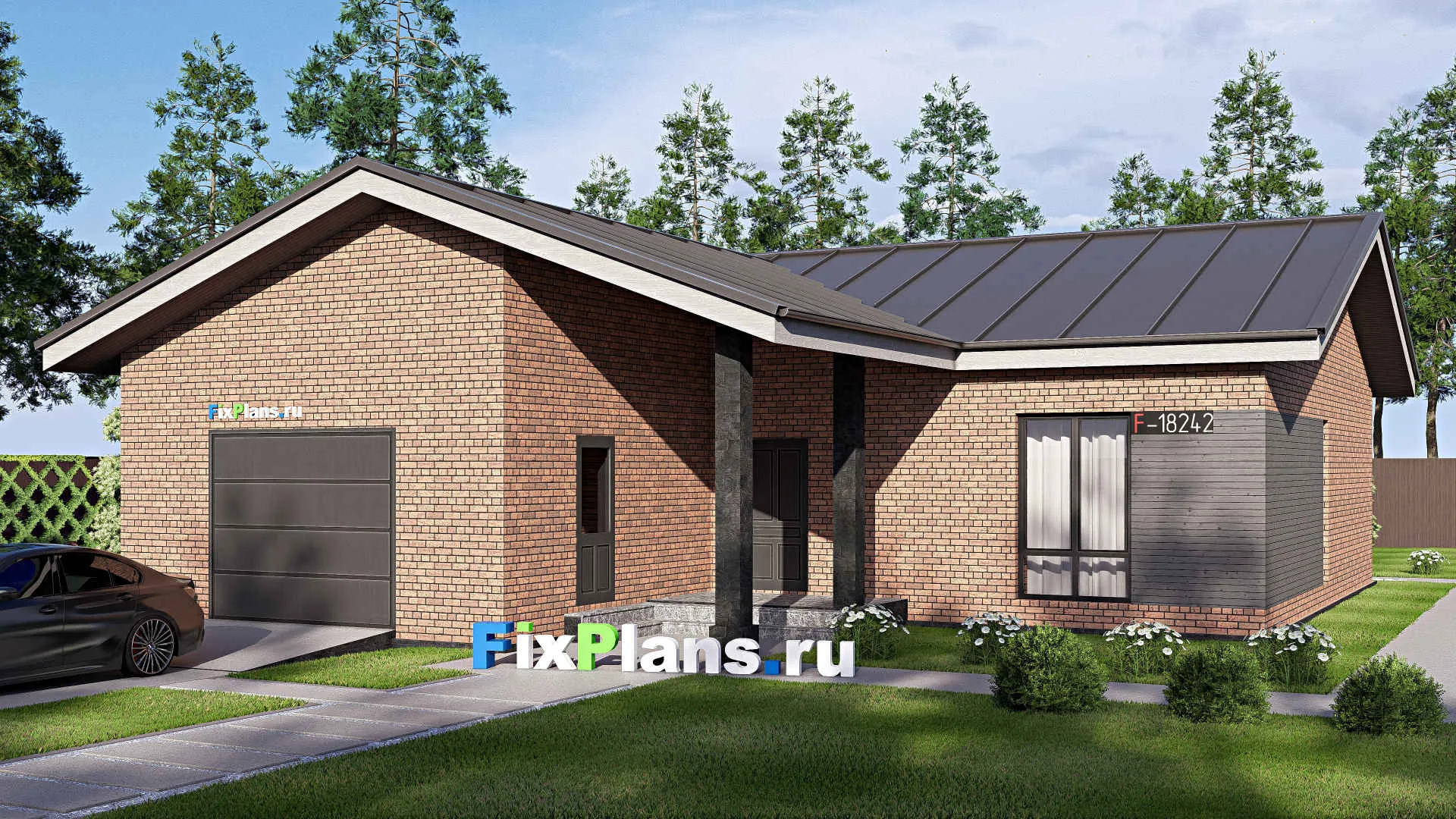 F-18242 - Проект одноэтажного дома 14 на 16, площадью 150 м² с гаражом на 2 машины и 2 спальнями