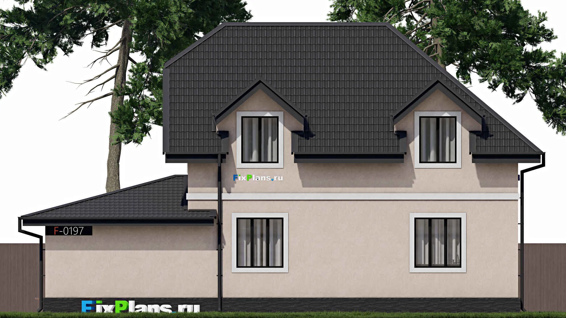 F-0197i - Проект дома с мансардой 11 на 15, площадью 160 м² с террасой, балконом, гаражом на 1 машину и 4 спальнями