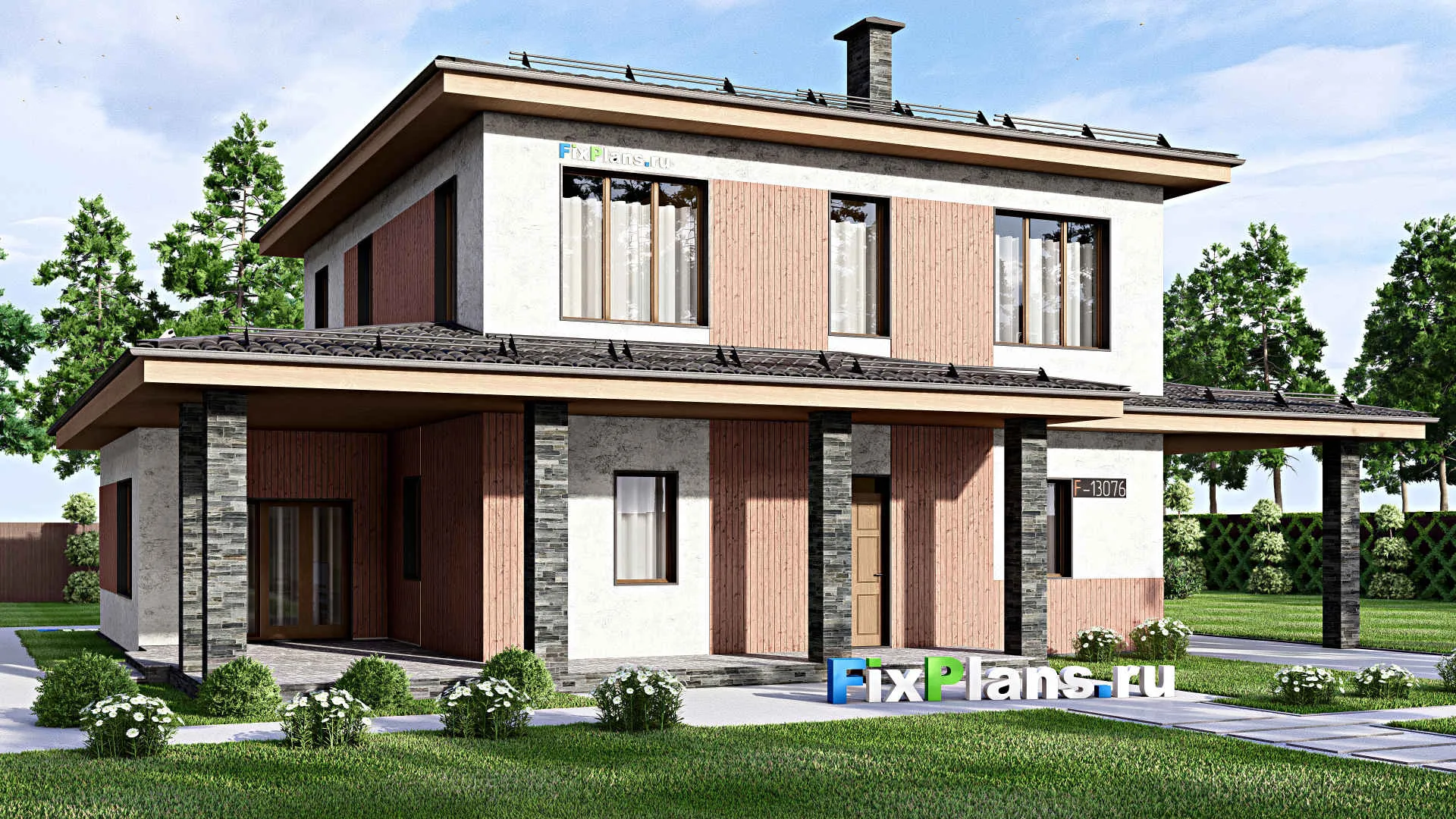 F-13076 - Проект двухэтажного дома 14 на 19, площадью 260 м² с террасой, баней и 4 спальнями