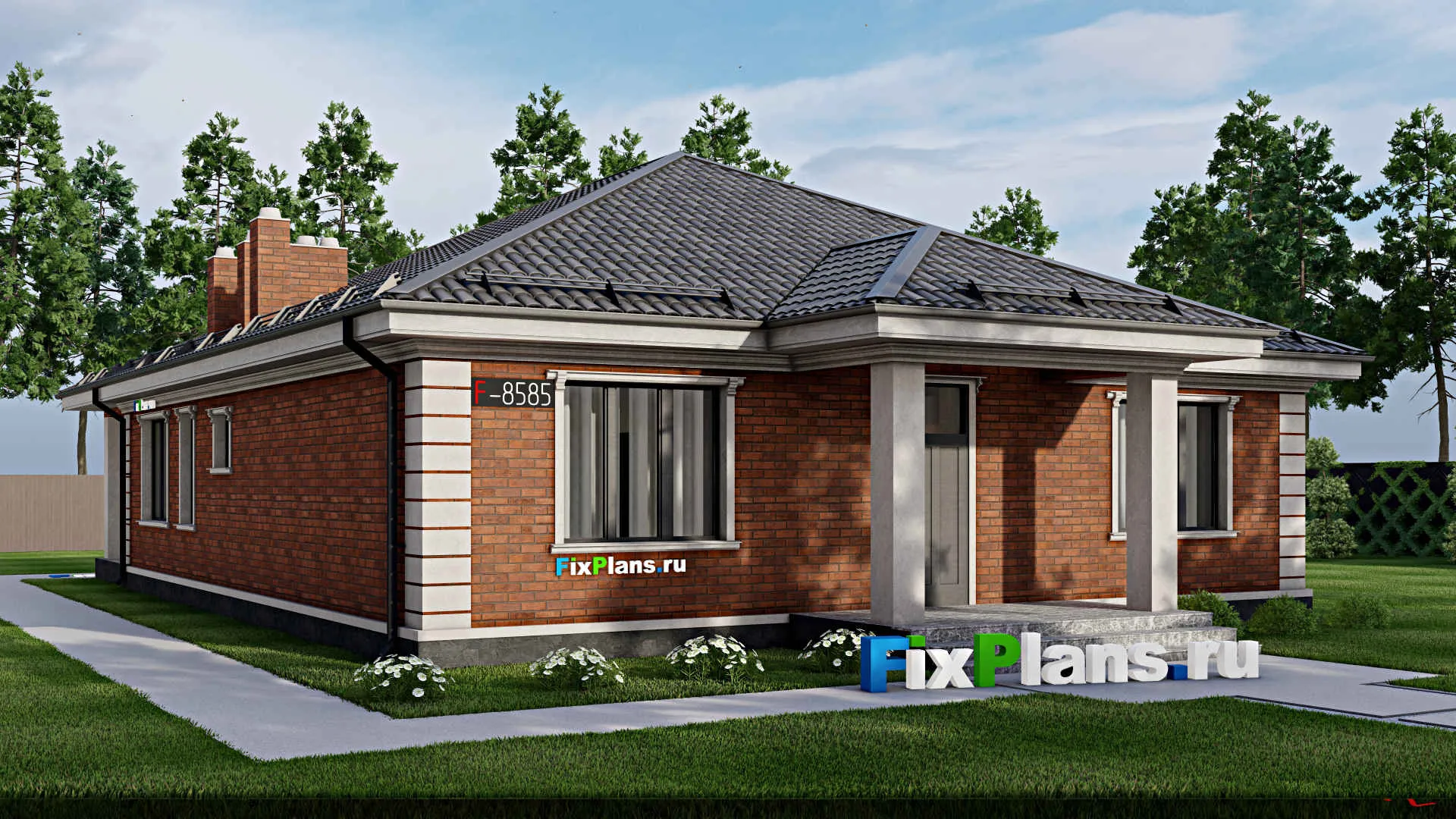 F-8585 - Проект одноэтажного дома 13 на 21, площадью 180 м² с террасой и 3 спальнями