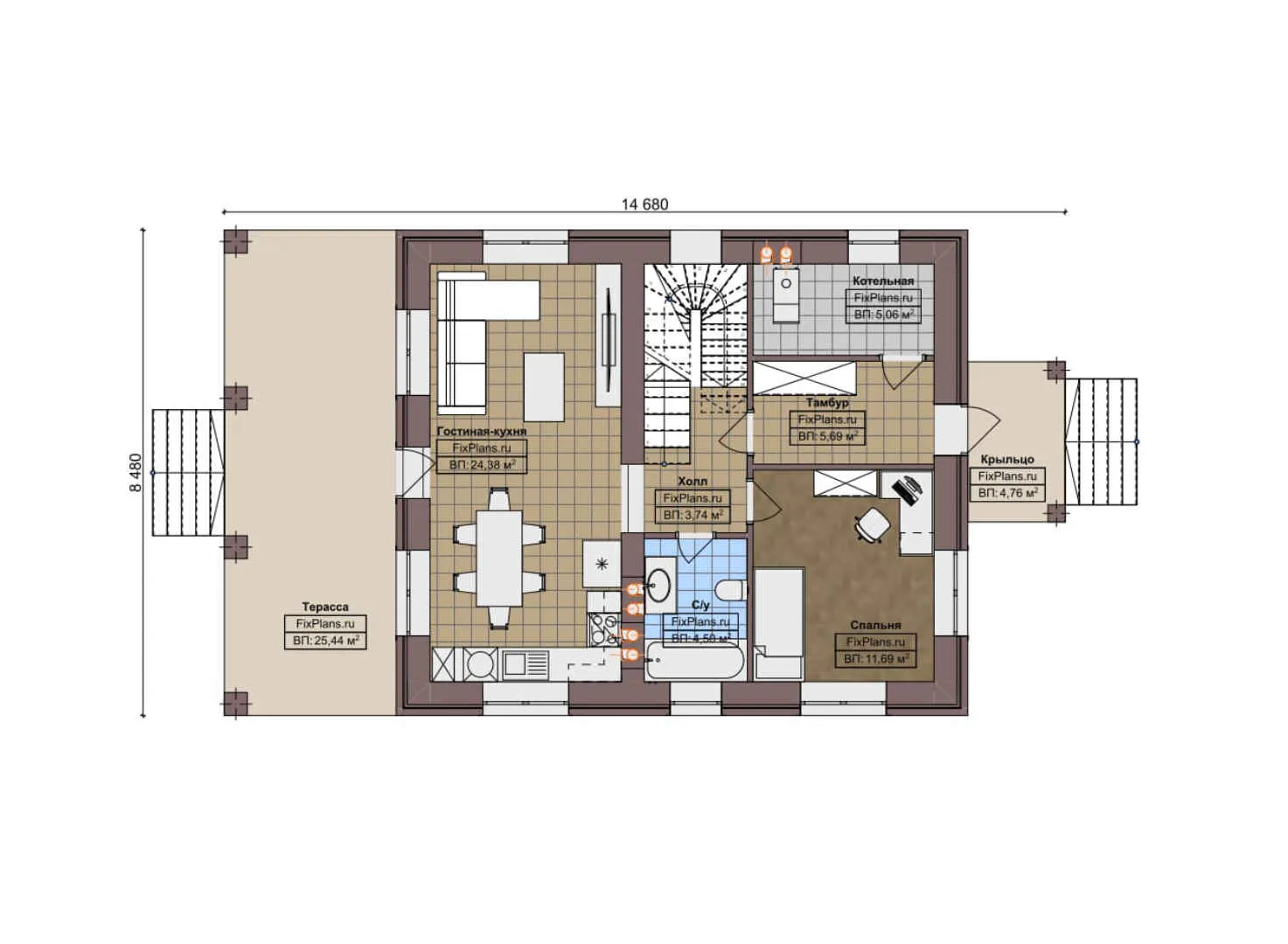 F-6452 - Планы двухэтажного дома 9 на 15, площадью 150 м² с террасой и 3 спальнями