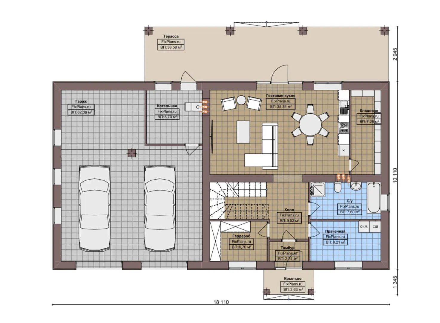 F-7838 - Планы двухэтажного дома 11 на 19, площадью 350 м² с террасой, балконом, гаражом на 2 машины и 4 спальнями