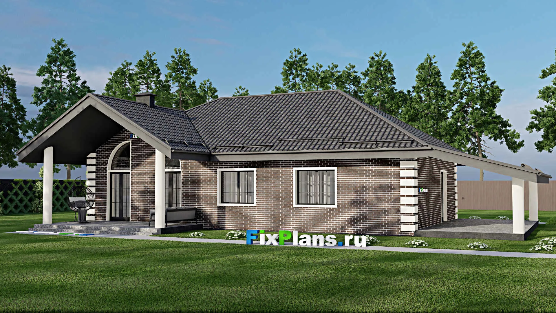 F-6389 - Проект одноэтажного дома 10 на 17, площадью 190 м² с террасой и 3 спальнями