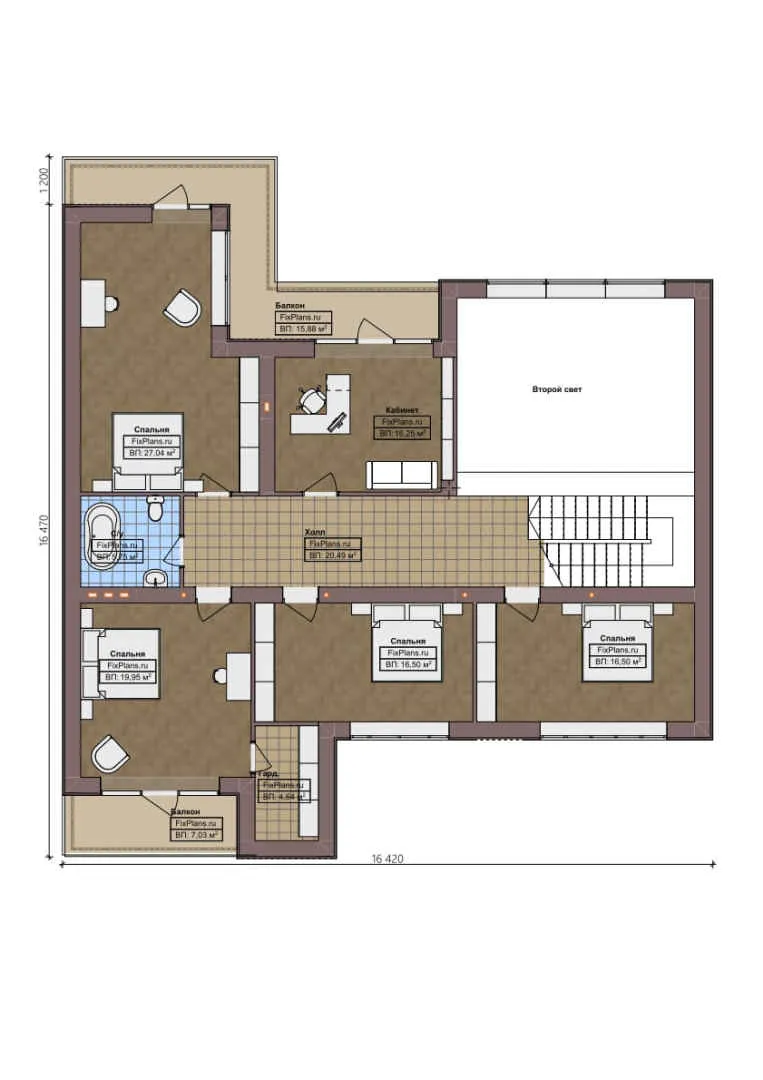 F-0971 - Планы двухэтажного дома 17 на 18, площадью 400 м² с террасой, балконом, гаражом на 2 машины и 4 спальнями